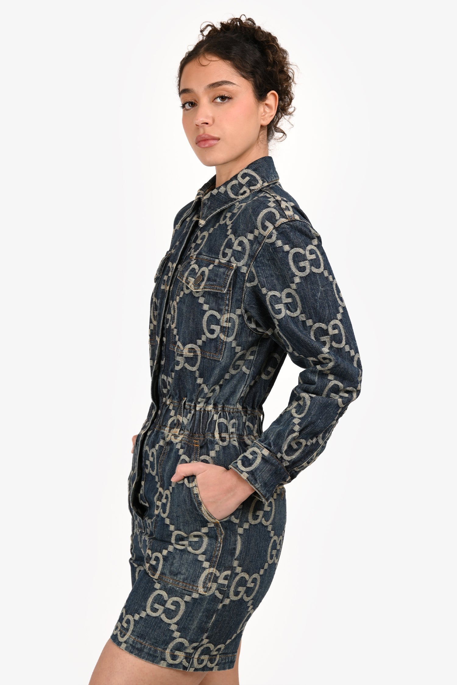 Gucci Blue Denim Monogram Button Down Jumpsuit Size 36