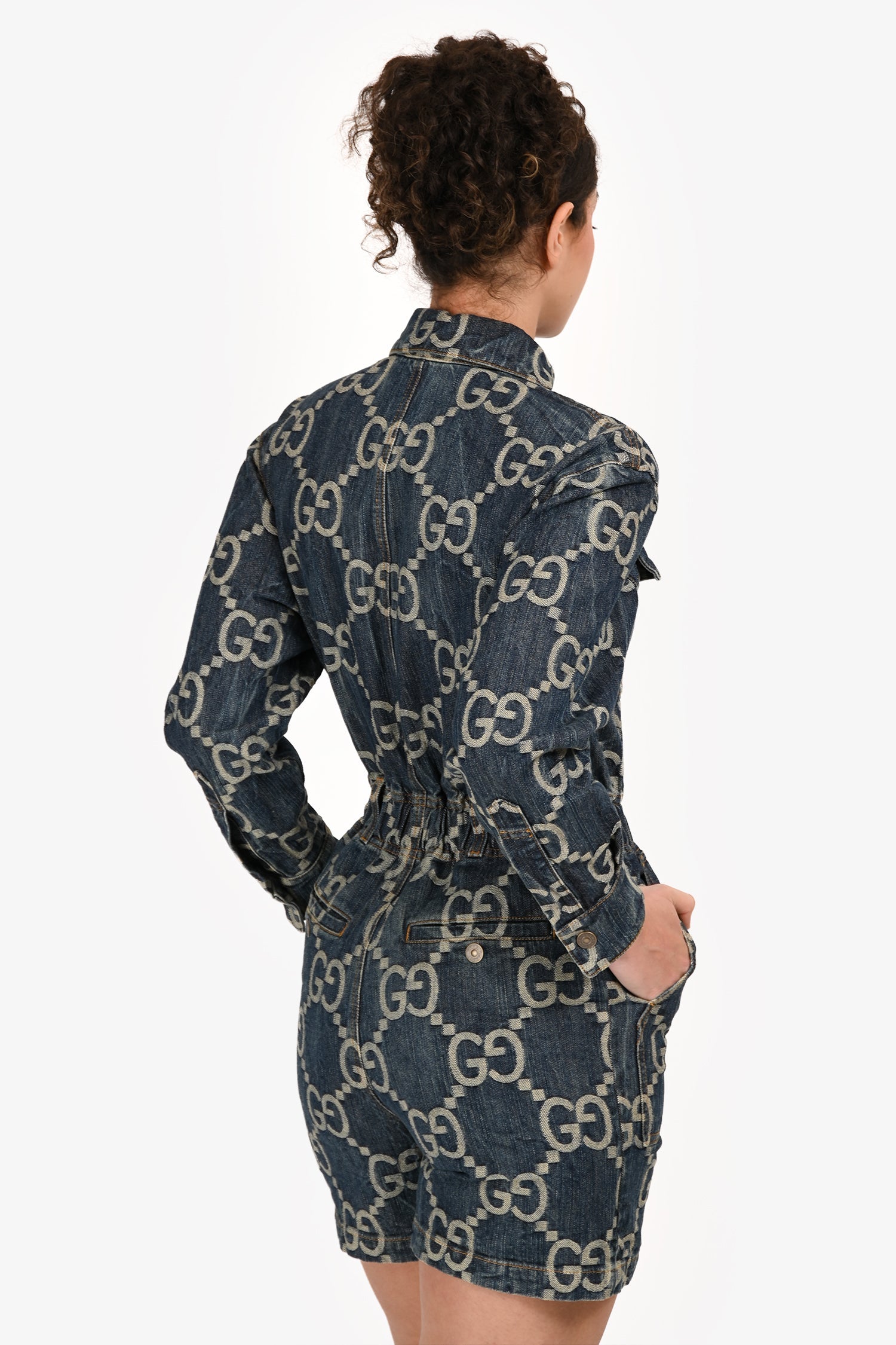 Gucci Blue Denim Monogram Button Down Jumpsuit Size 36