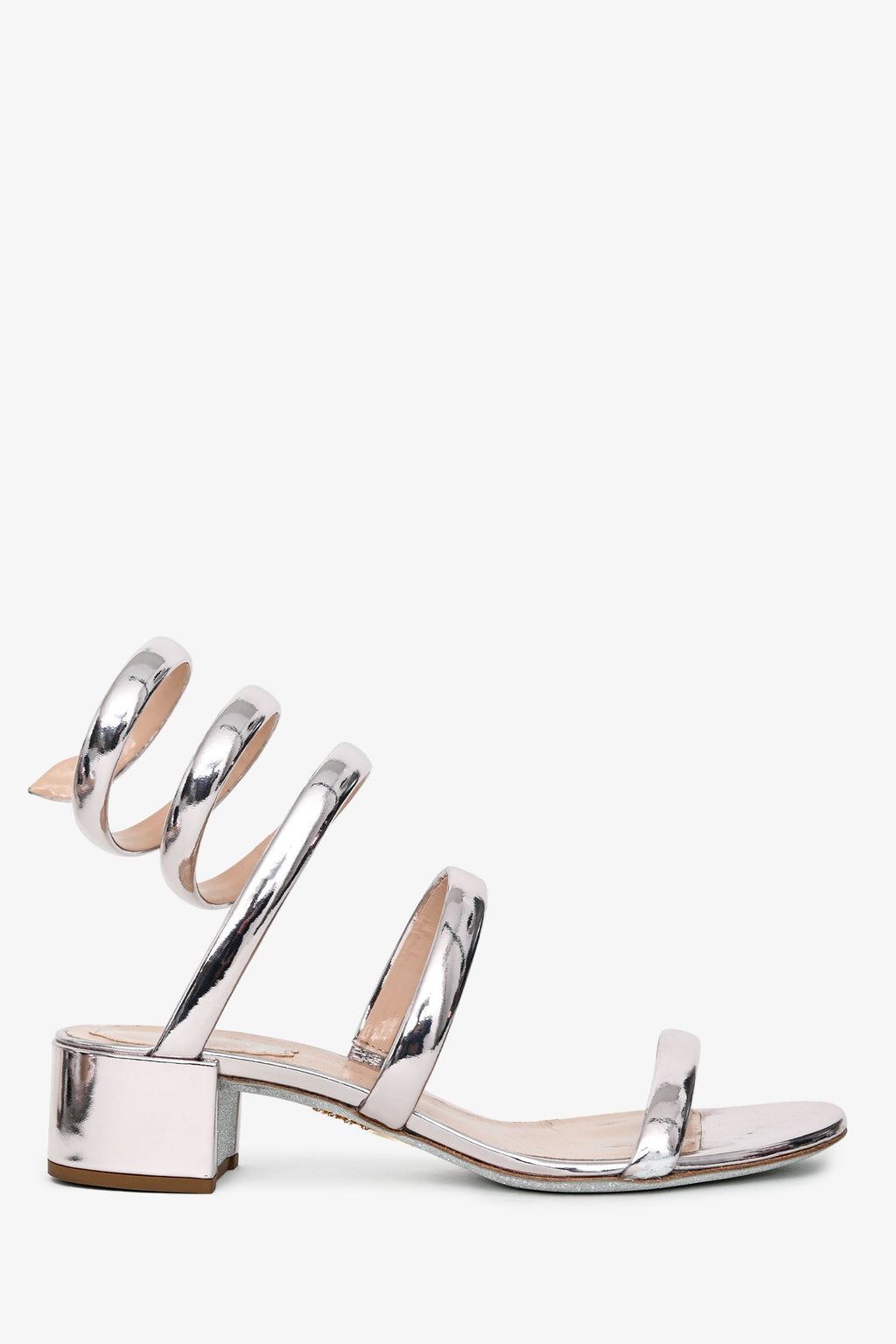 Rene Caovilla Silver Leather Gladiator Block Heels Size 38