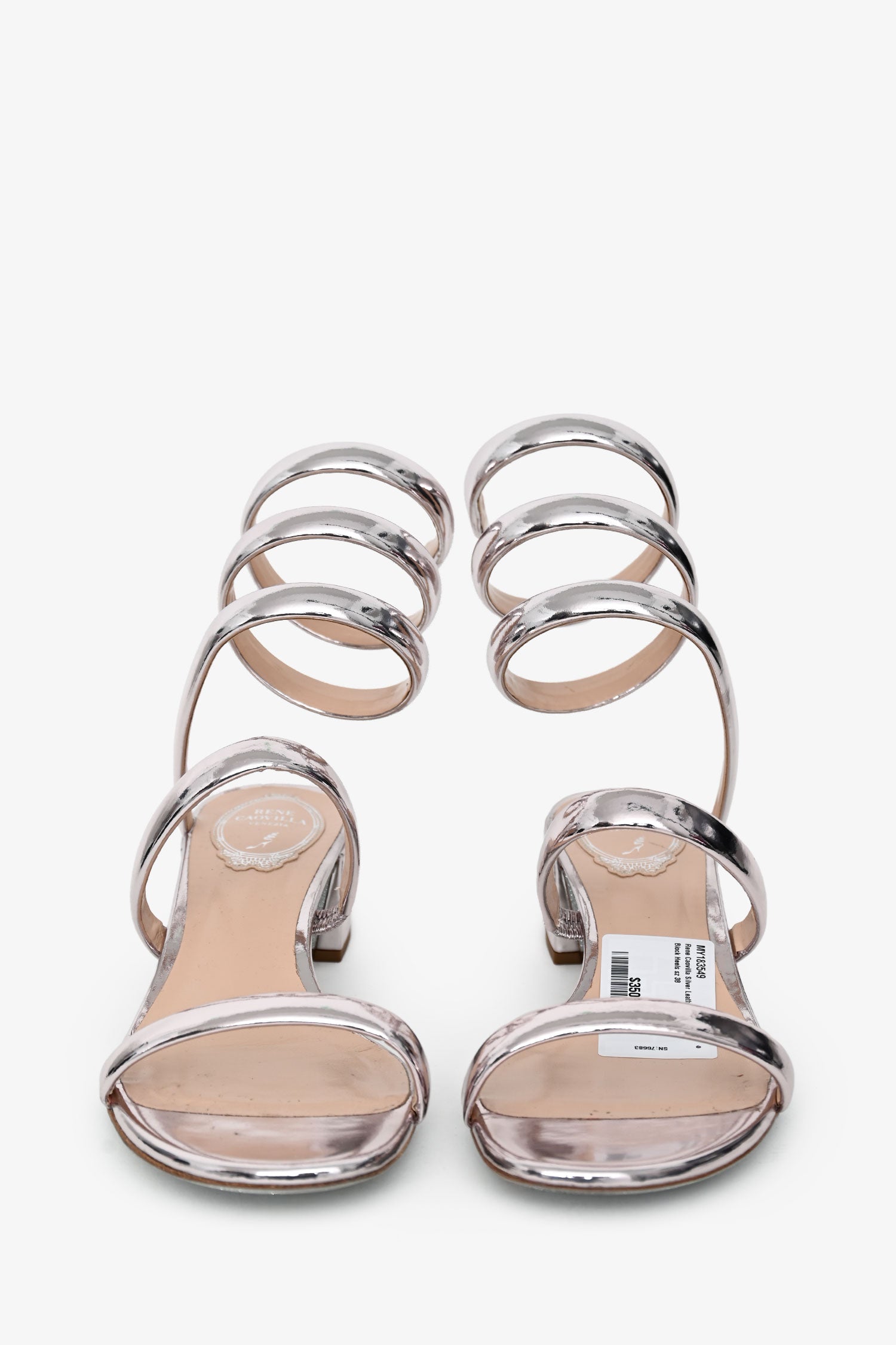 Rene Caovilla Silver Leather Gladiator Block Heels Size 38