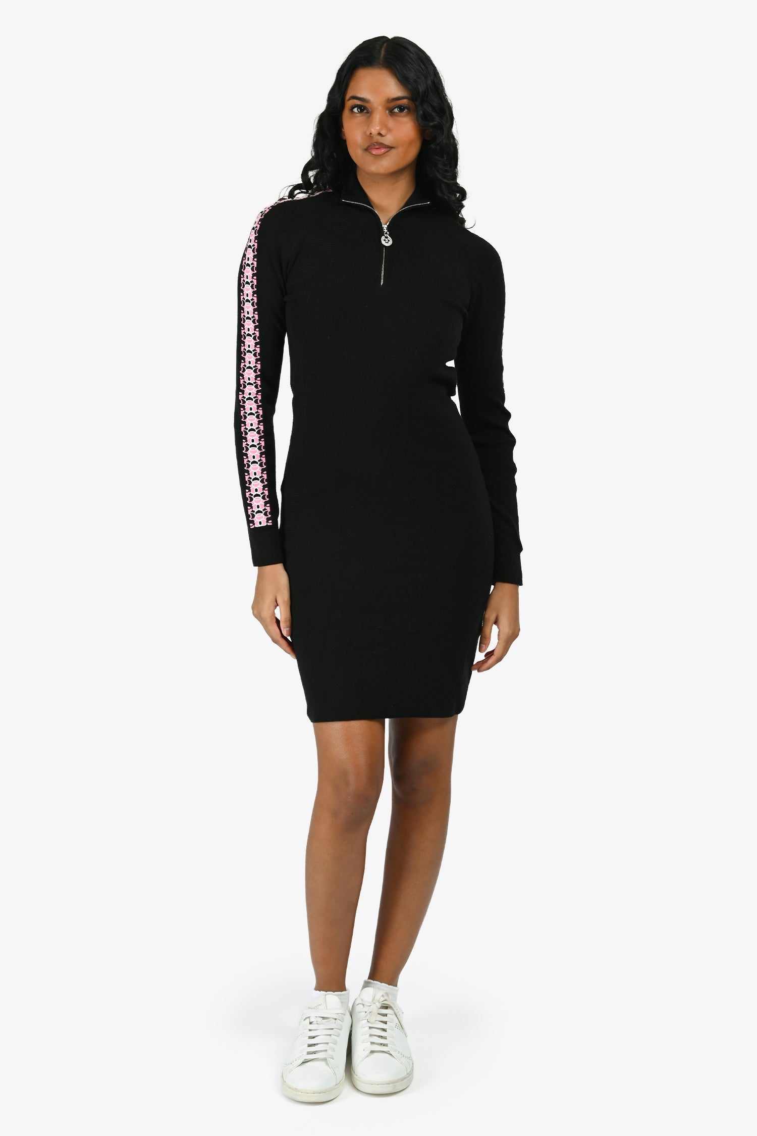 Pre-Loved Chanel™ Black Wool Blend Knit Quarter Zip Logo Long Sleeve Dress Size 36
