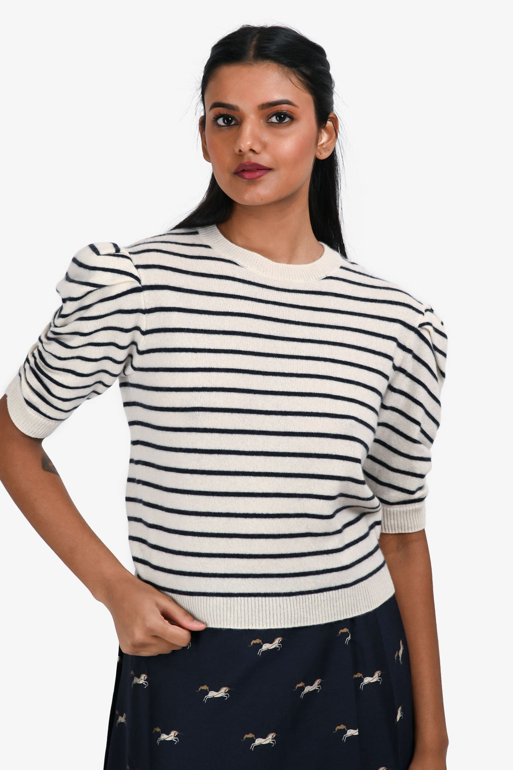 Frame White Navy Stripe Cashmere Short Sleeve Top Size S
