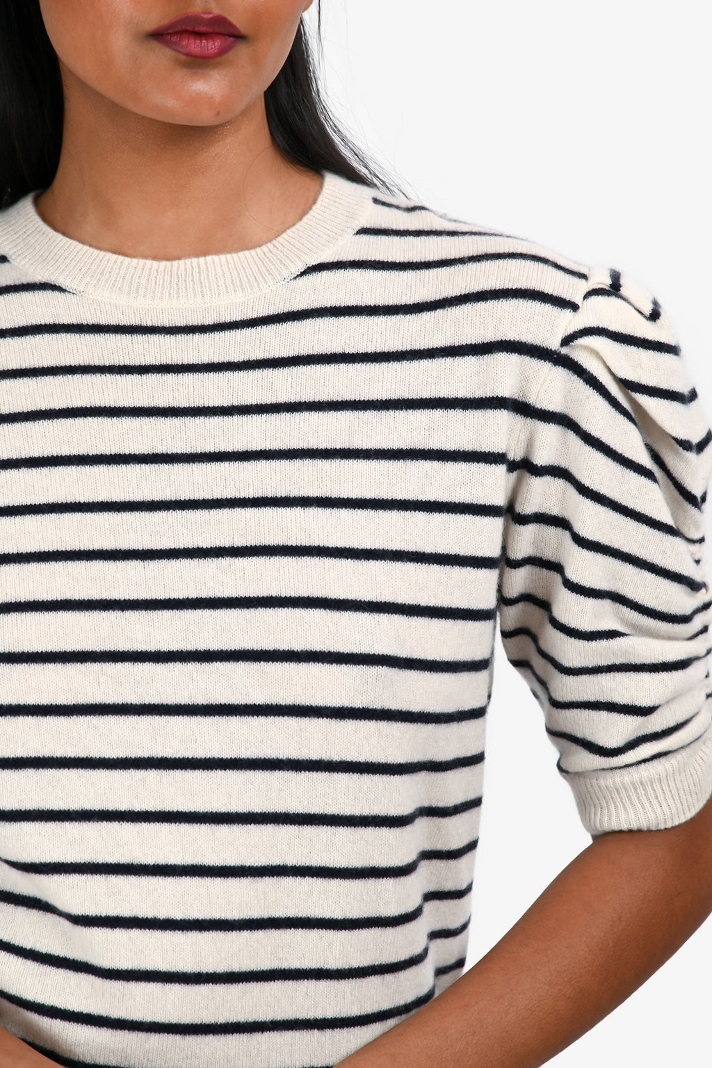 Frame White Navy Stripe Cashmere Short Sleeve Top Size S