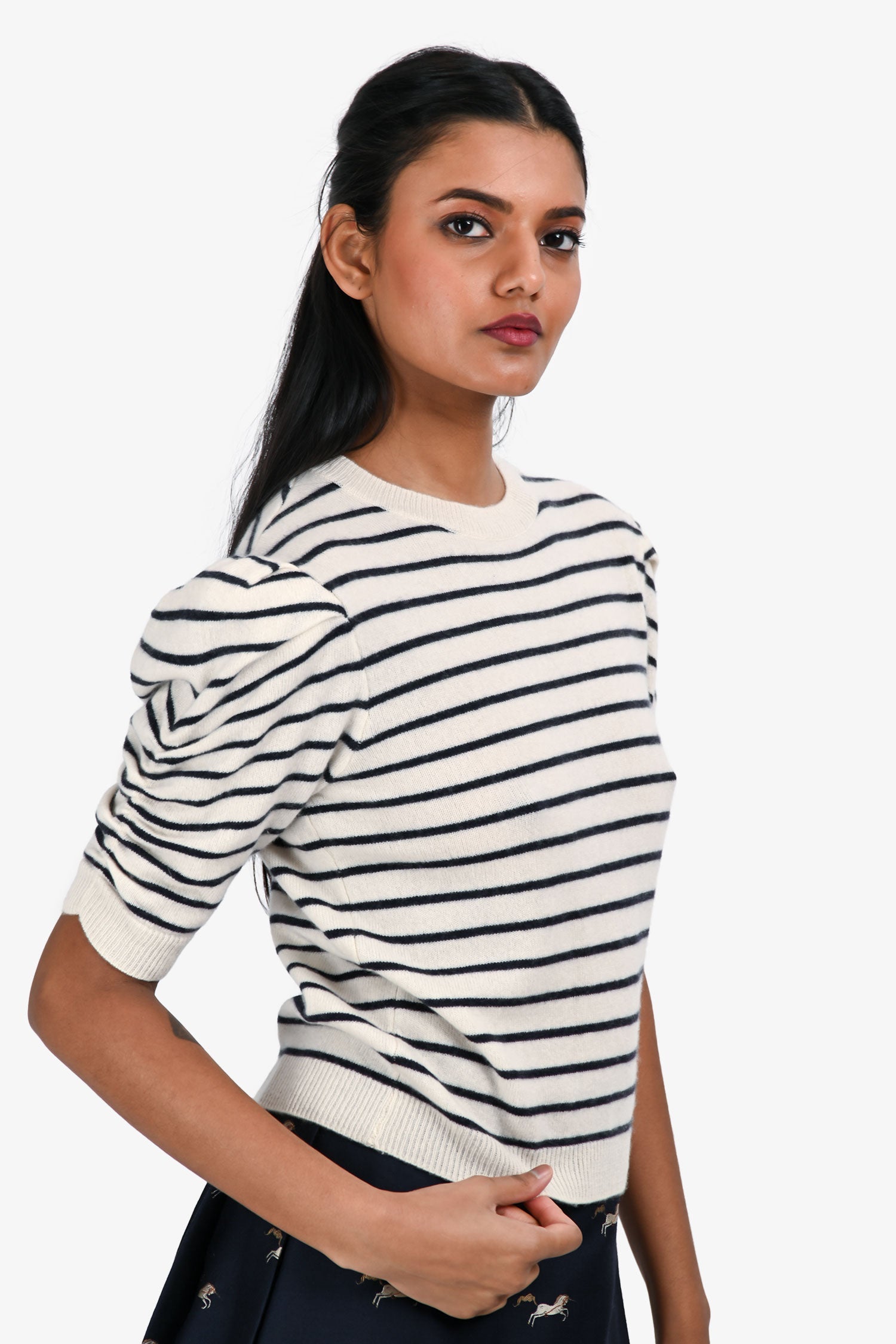 Frame White Navy Stripe Cashmere Short Sleeve Top Size S