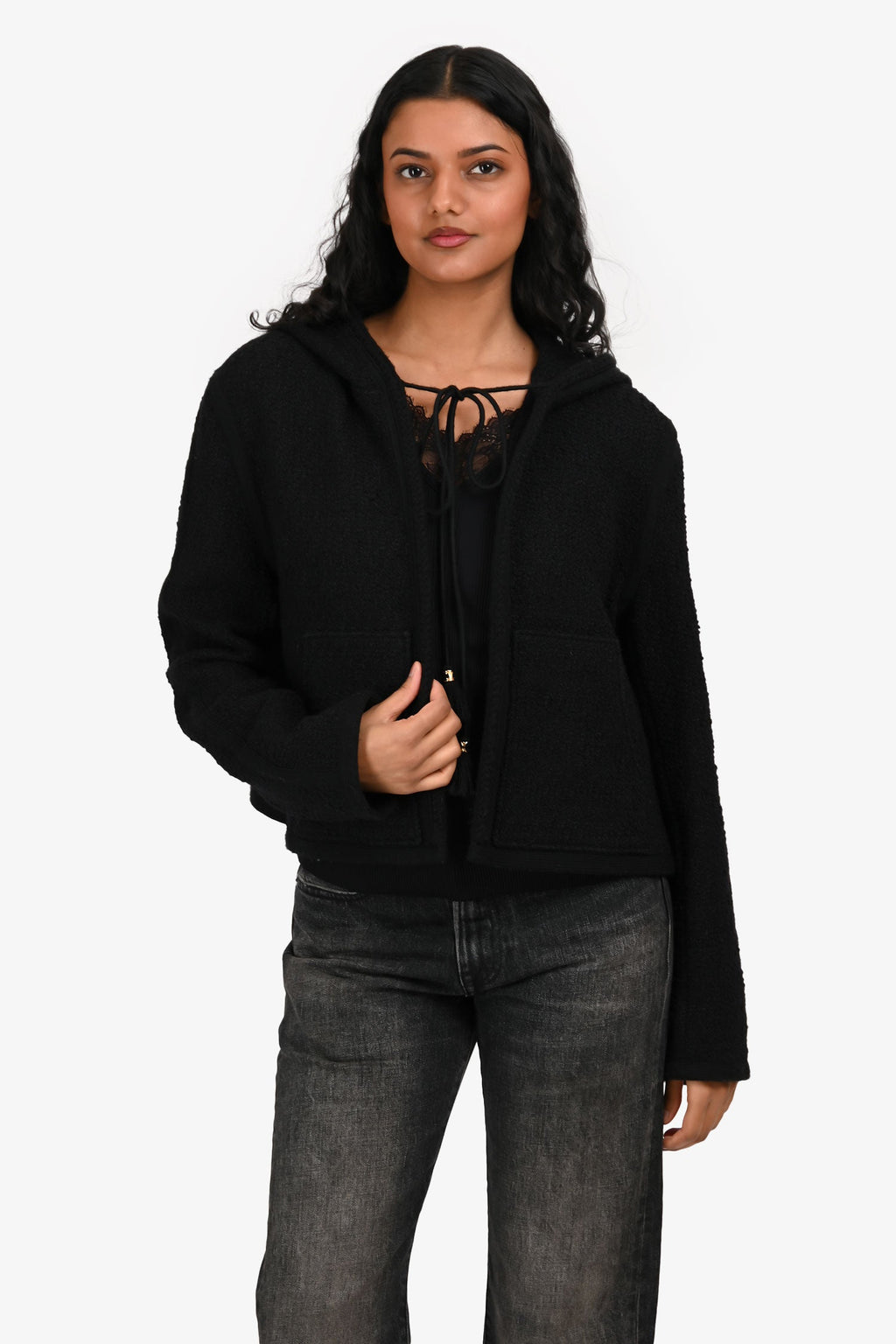 Celine Black Metallic Cotton/Wool Blend Tie Neck Hooded igan Size 40