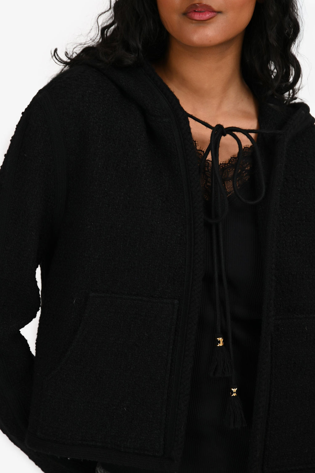 Celine Black Metallic Cotton/Wool Blend Tie Neck Hooded igan Size 40