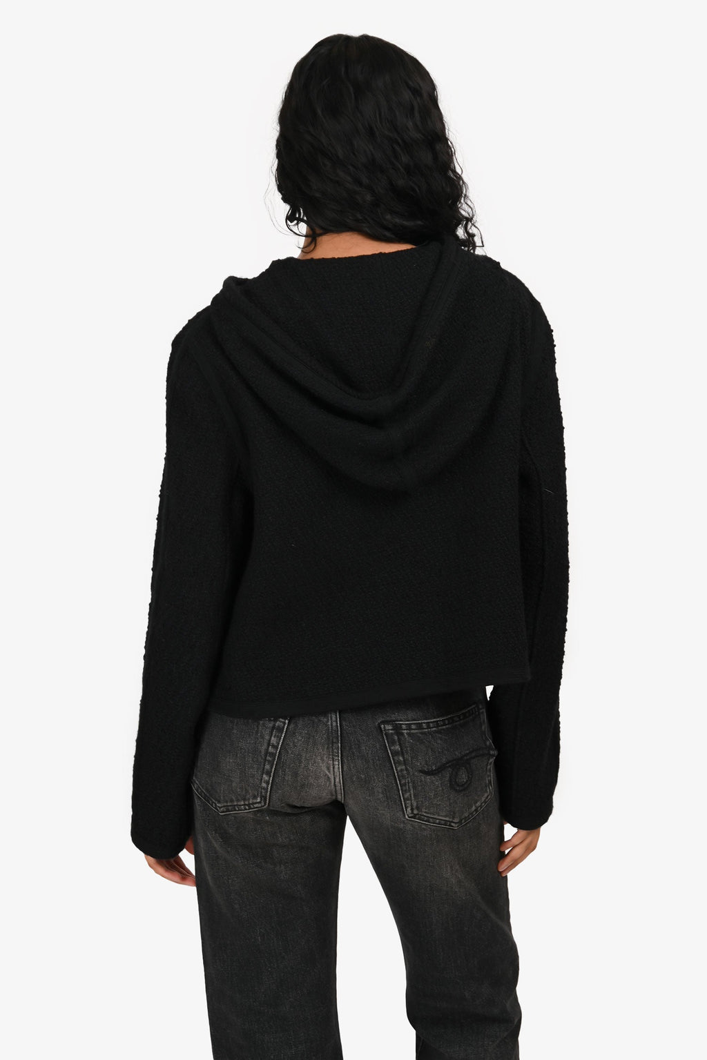 Celine Black Metallic Cotton/Wool Blend Tie Neck Hooded igan Size 40