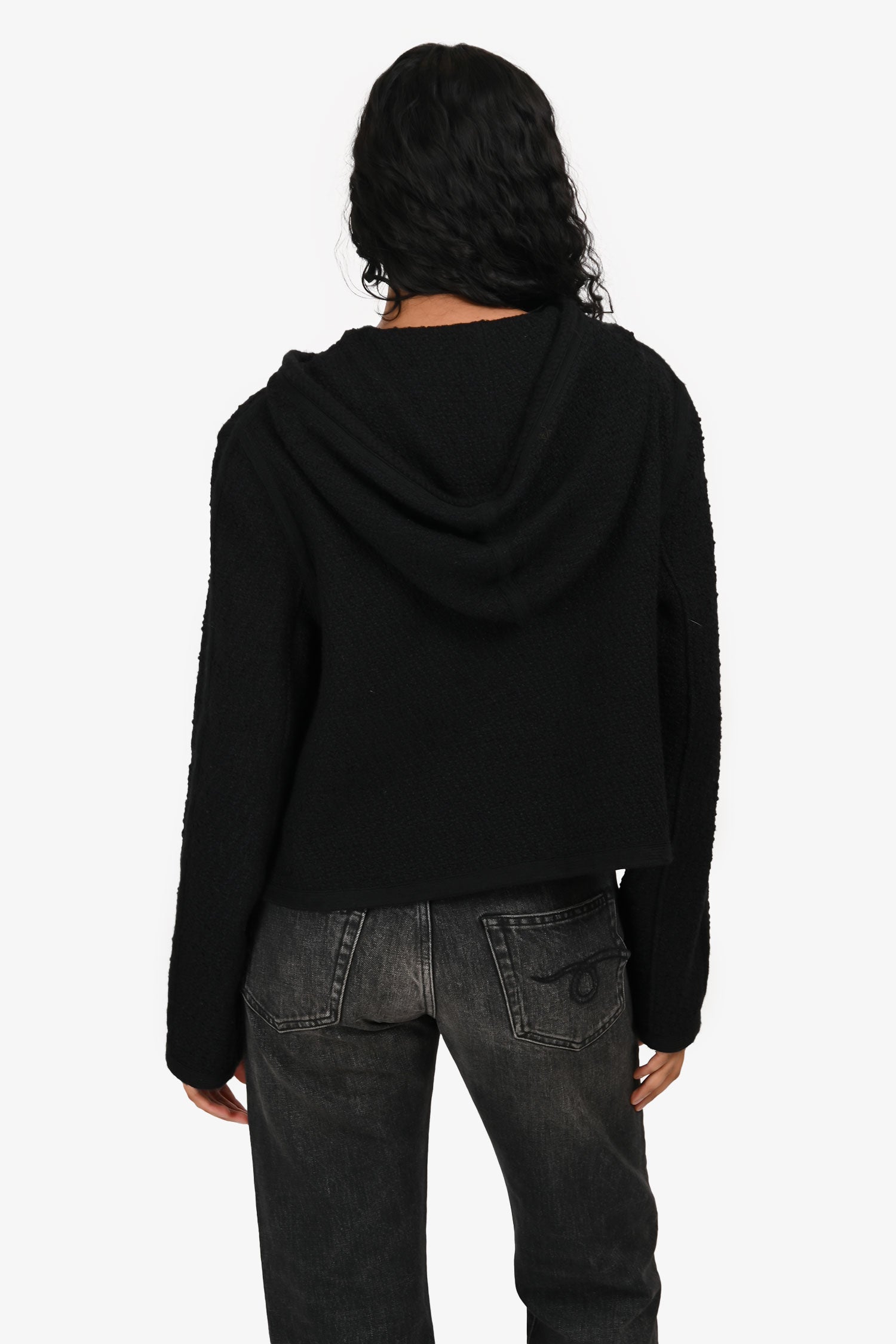 Celine Black Metallic Cotton/Wool Blend Tie Neck Hooded igan Size 40