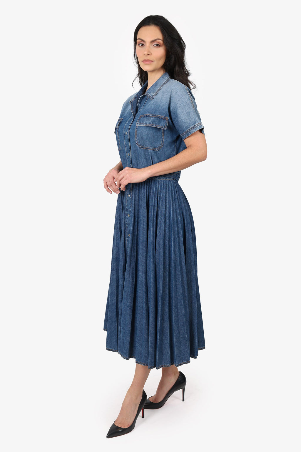 Christian Dior Denim Short Sleeve Pleated Dress Size 10