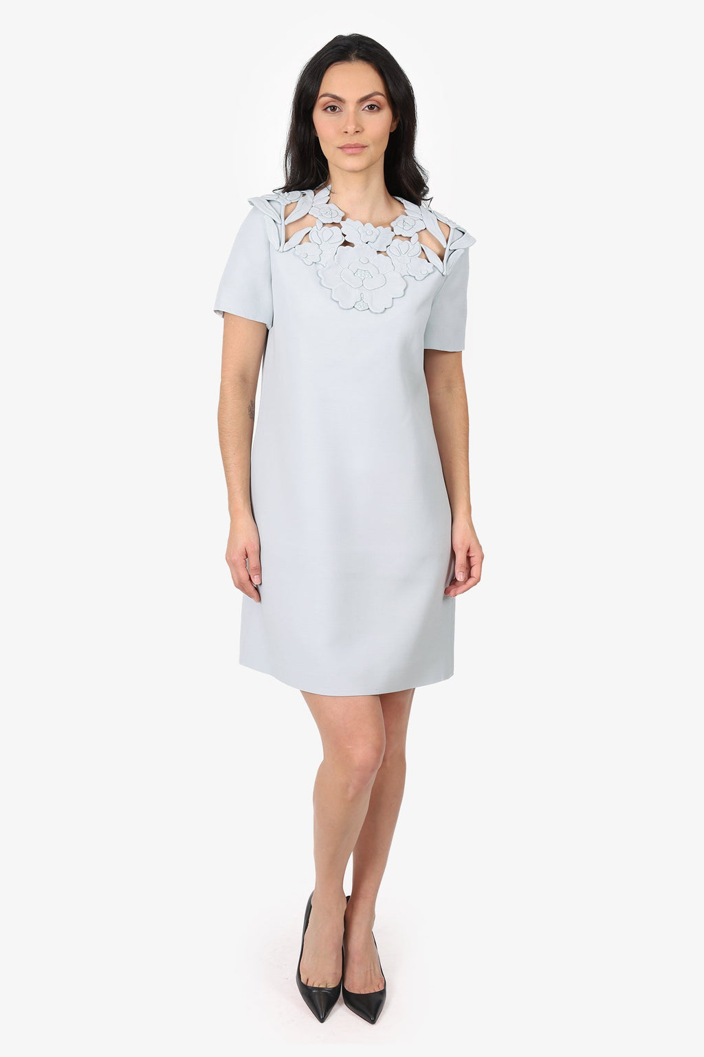 Valentino Blue Wool Floral Applique Mini Dress Size 46