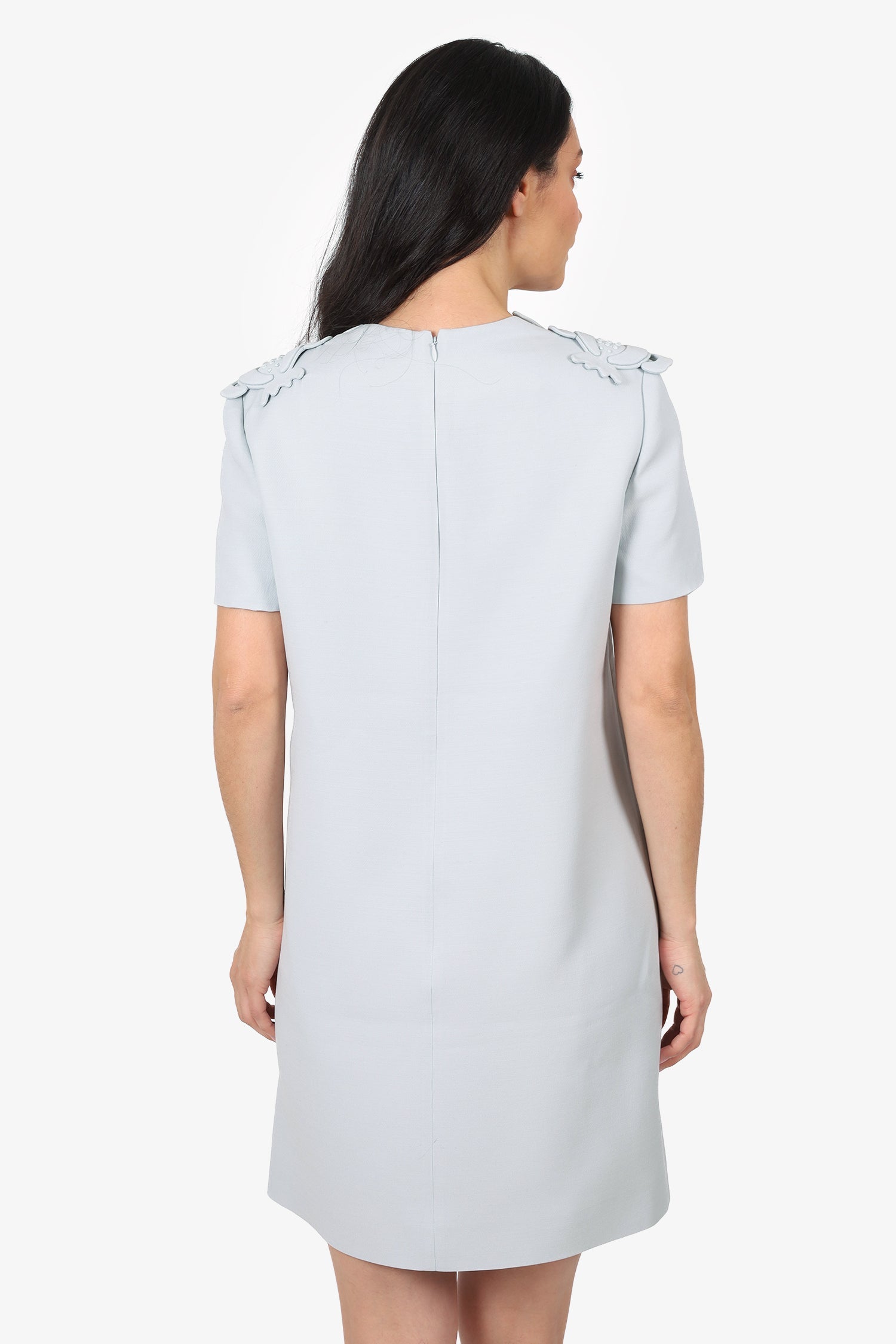 Valentino Blue Wool Floral Applique Mini Dress Size 46