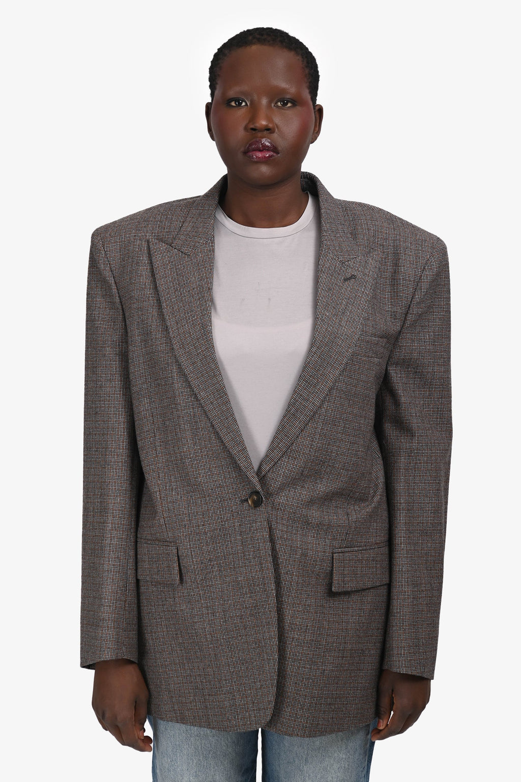 Stella McCartney Grey/Brown Wool Plaid Padded Shoulder Blazer Size 42