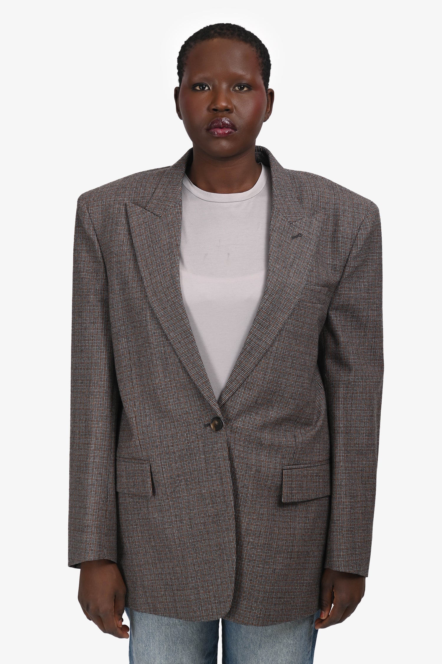 Stella McCartney Grey/Brown Wool Plaid Padded Shoulder Blazer Size 42