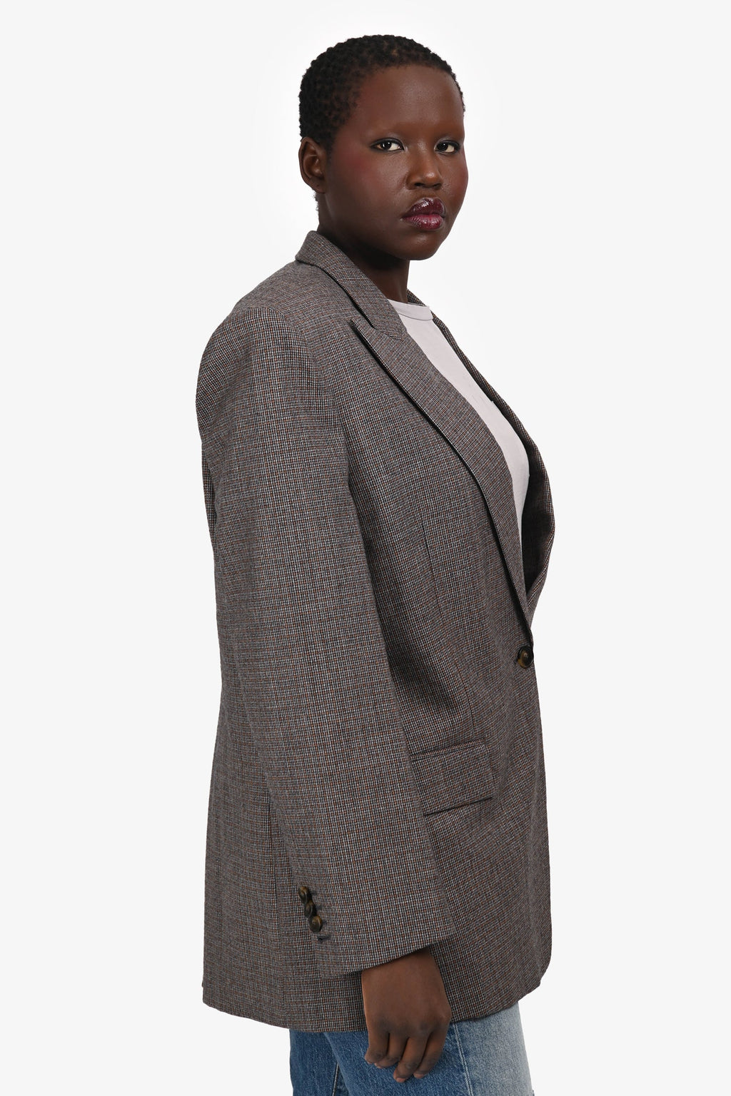 Stella McCartney Grey/Brown Wool Plaid Padded Shoulder Blazer Size 42