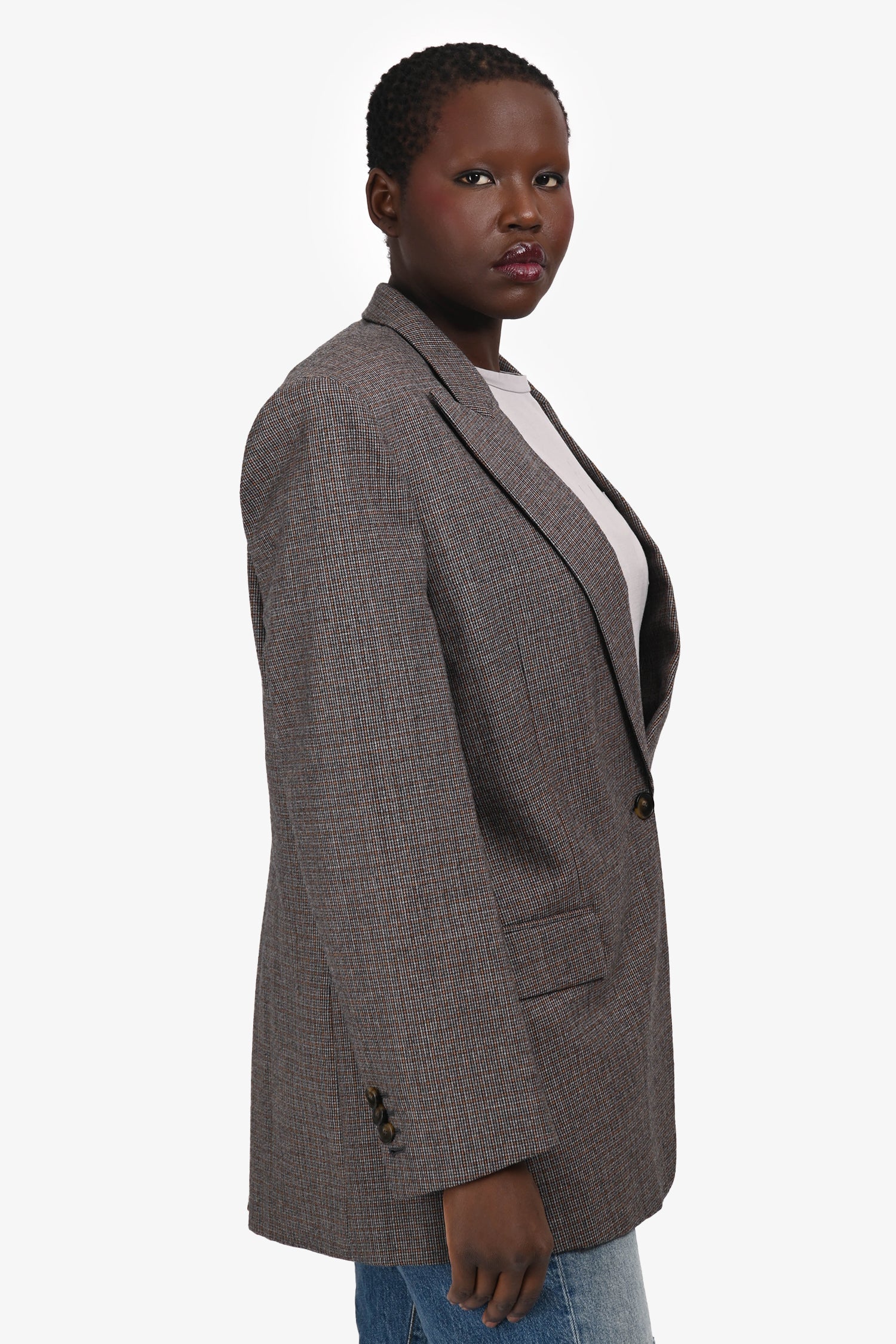 Stella McCartney Grey/Brown Wool Plaid Padded Shoulder Blazer Size 42