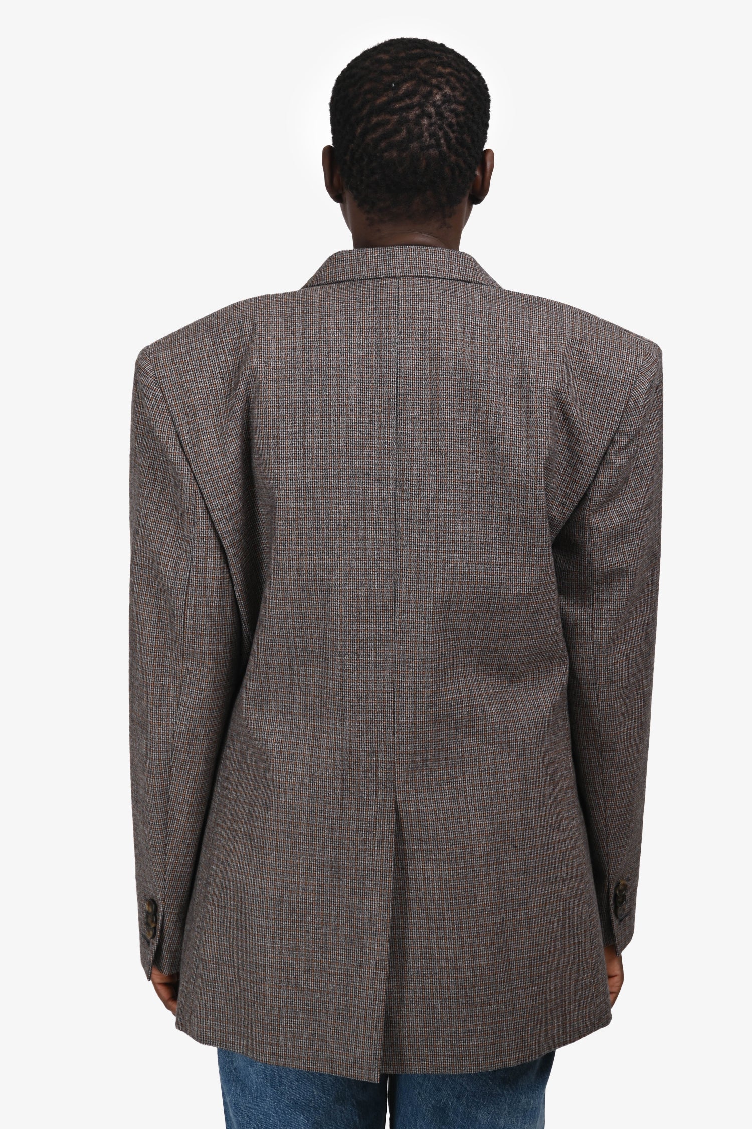 Stella McCartney Grey/Brown Wool Plaid Padded Shoulder Blazer Size 42