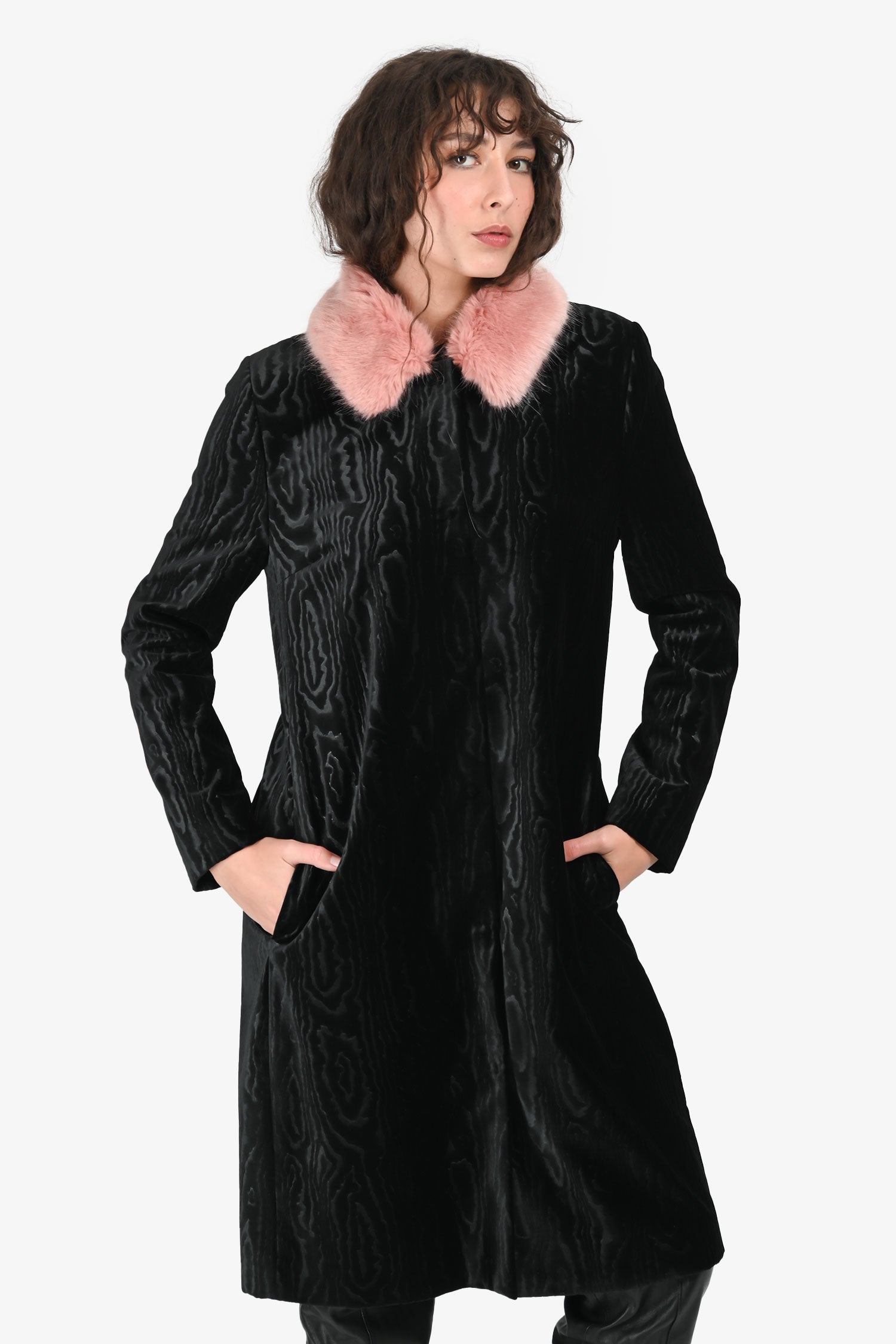 Shrimps Black Velvet Pink Faux Fur Trim Coat Size 12