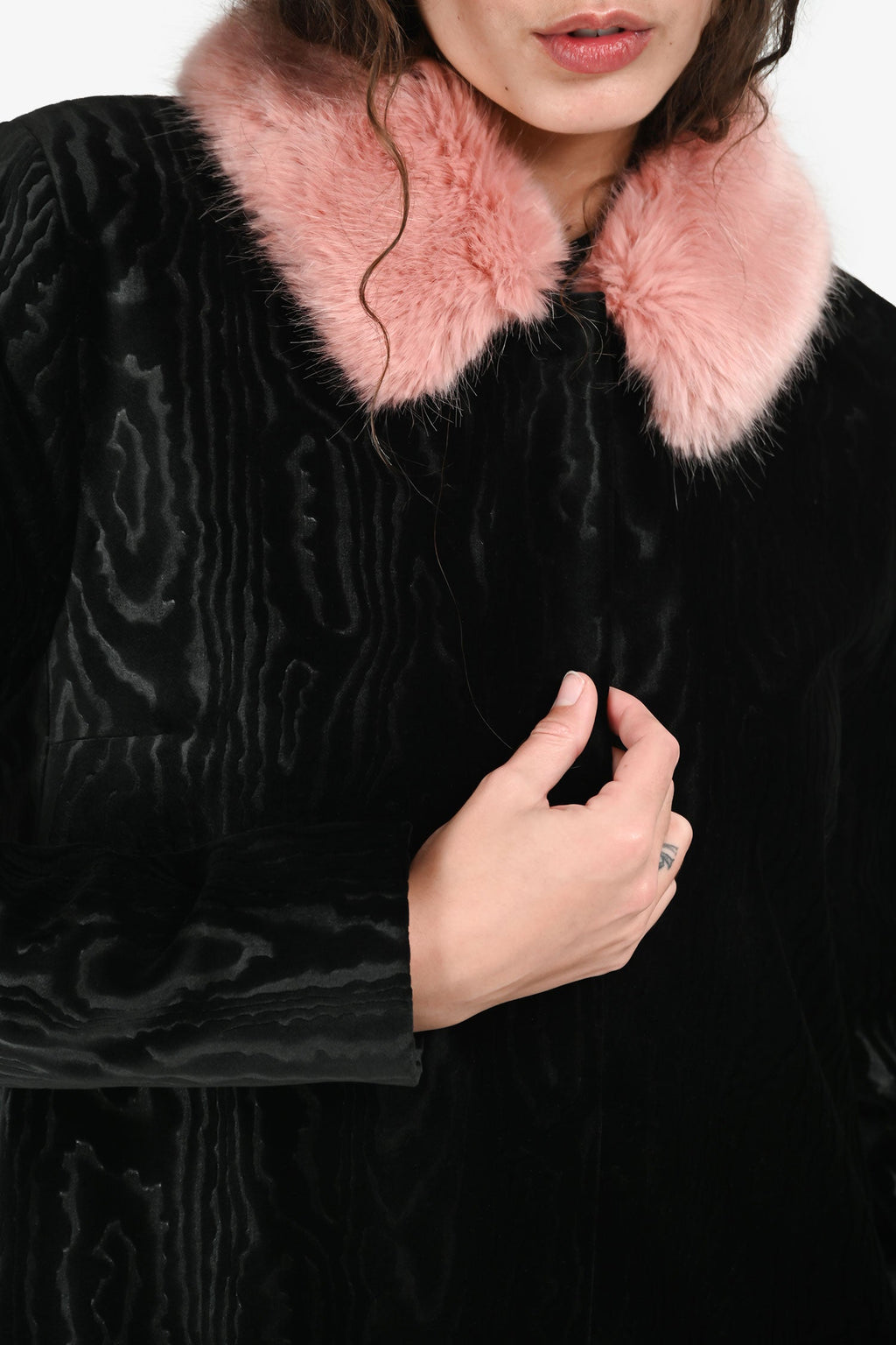 Shrimps Black Velvet Pink Faux Fur Trim Coat Size 12