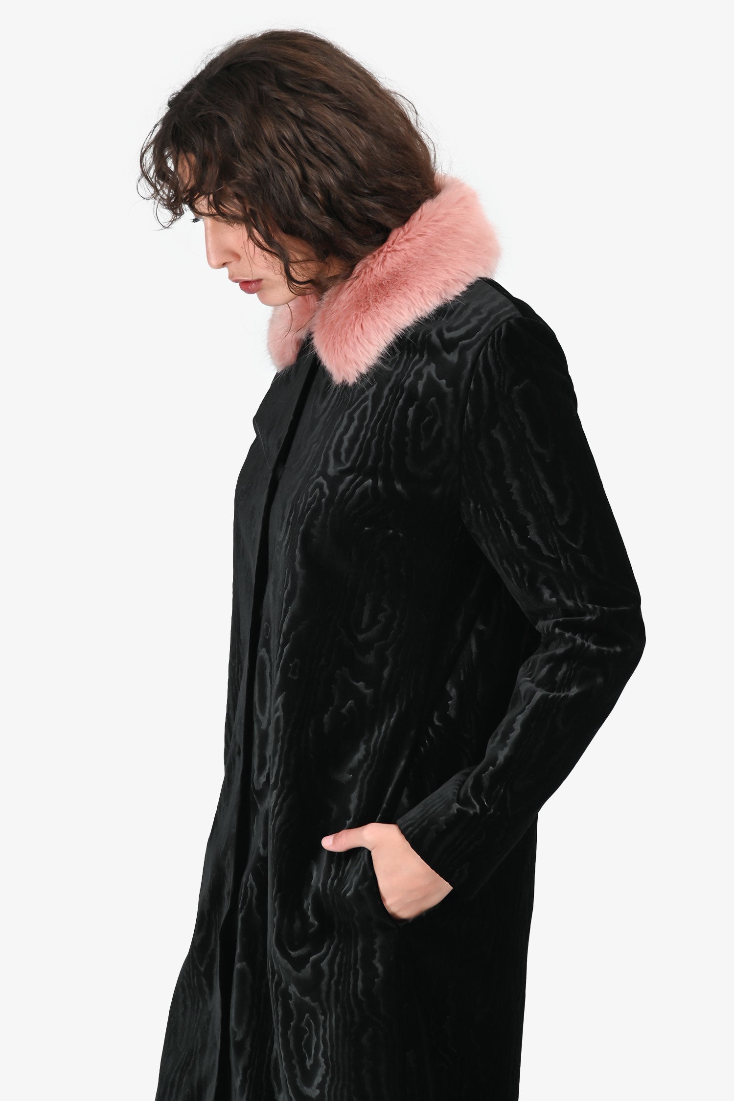 Shrimps Black Velvet Pink Faux Fur Trim Coat Size 12
