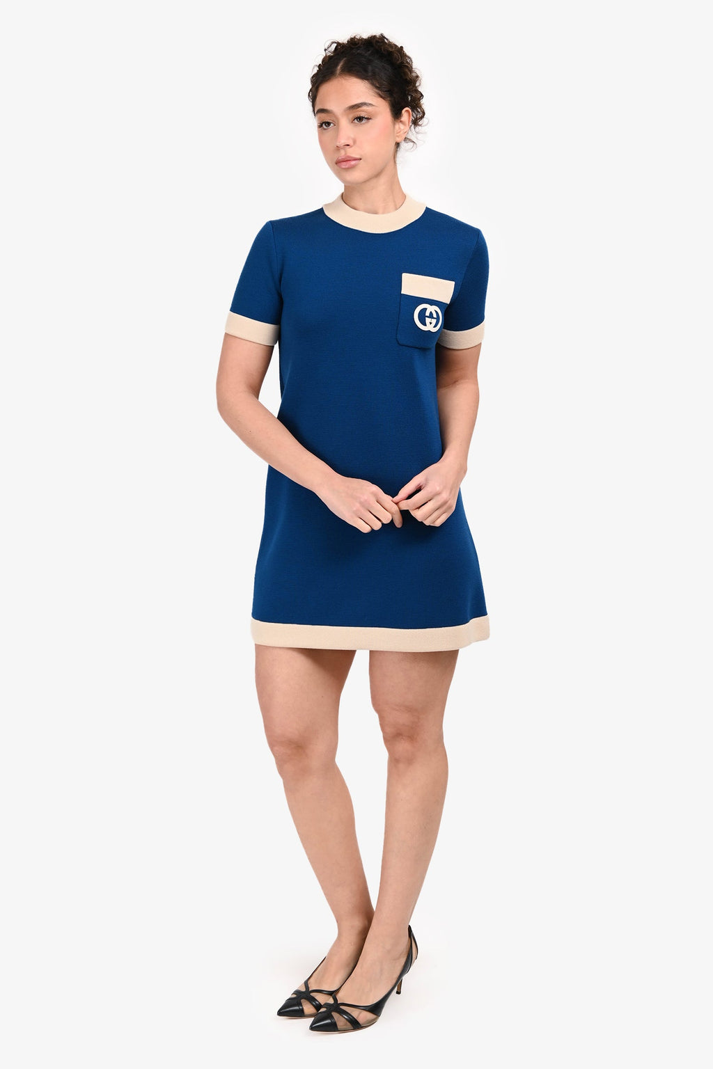 Gucci Blue/Cream GG Logo Short Sleeve Dress Size XS