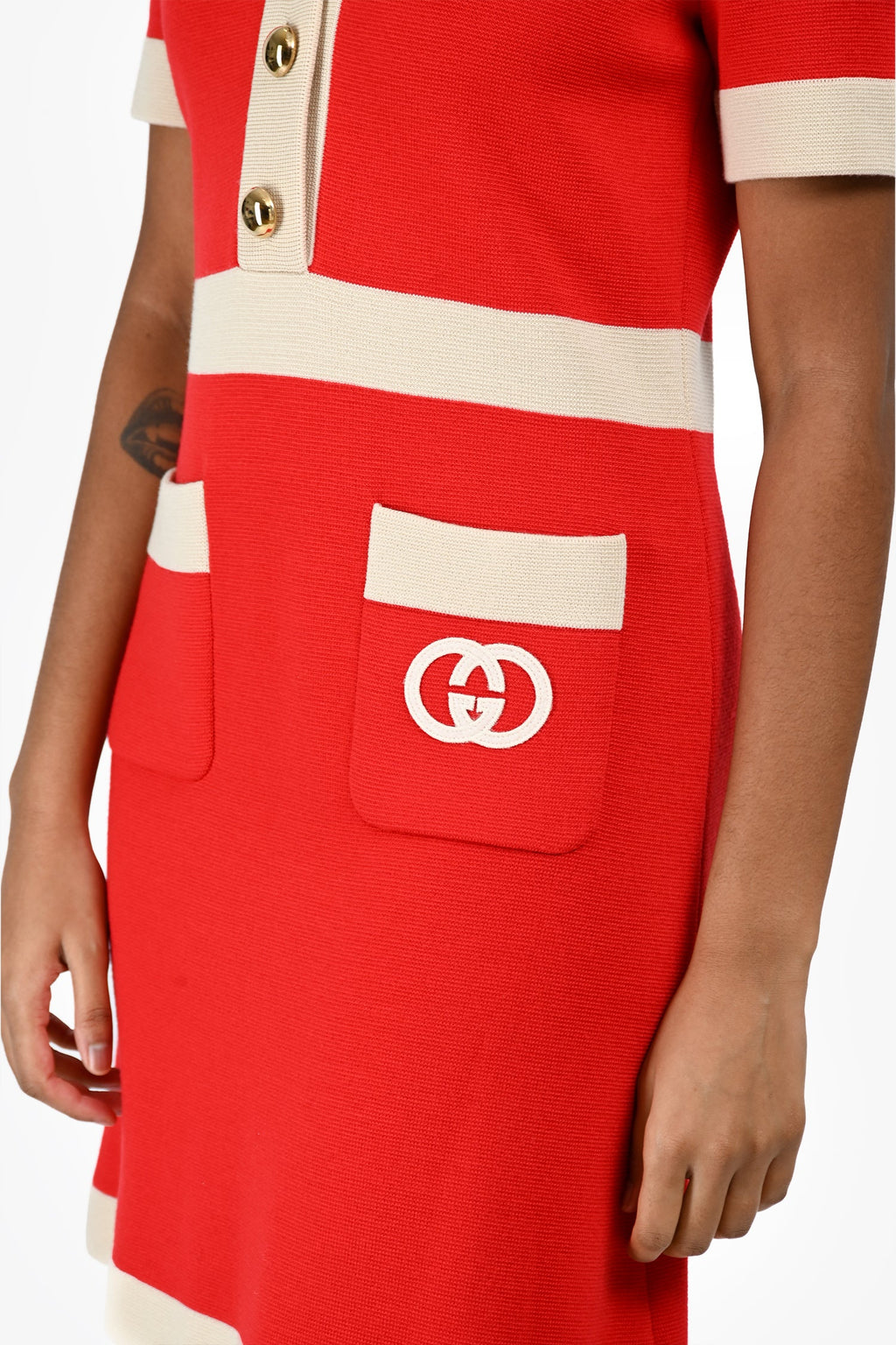 Gucci Red/Cream GG Logo Short Sleeve V Neck Dress Size XS