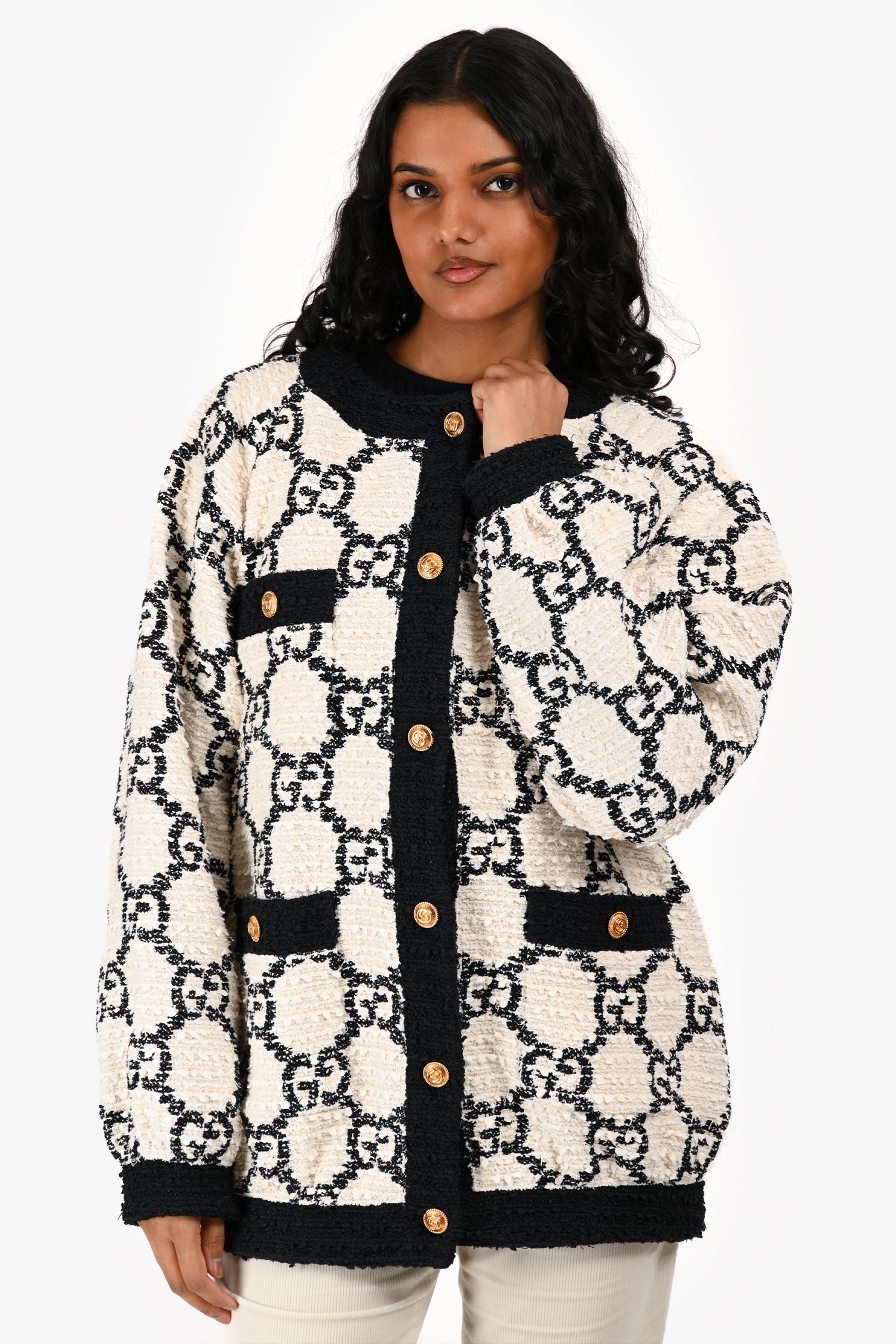 Gucci 2019 White/Black GG Supreme Oversize Tweed Jacket Size 36