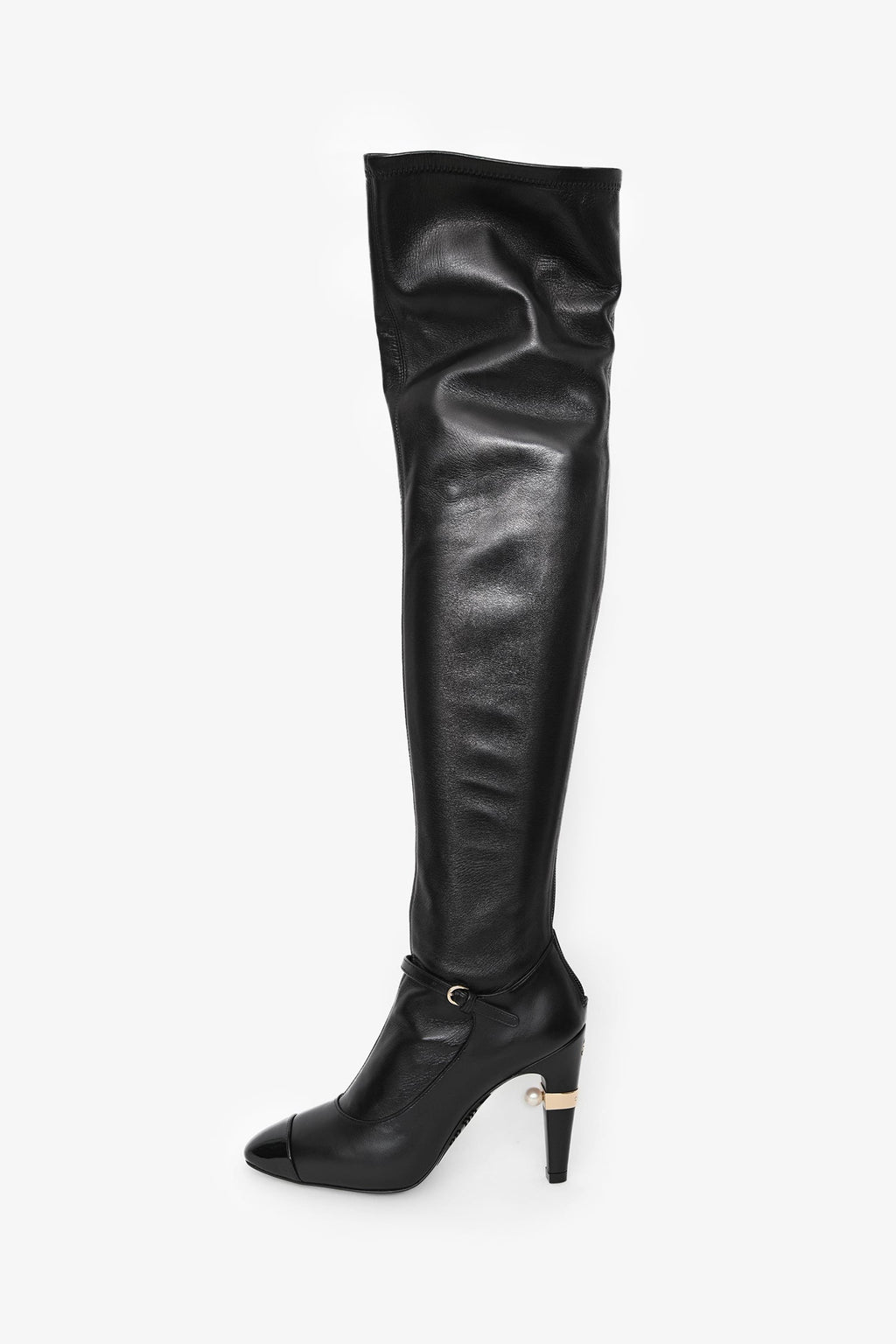 Pre-Loved Chanel™ Black Lambskin Leather Mary Jane Thigh High Heeled Boots with Pearl Size 35