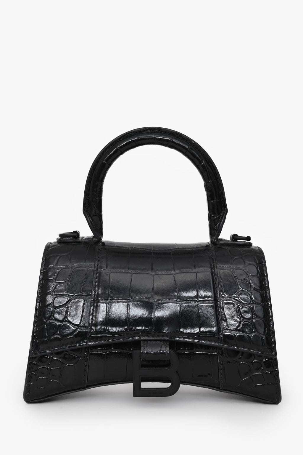 Balenciaga Black Croc Embossed XS Hourglass Top Handle Bag With Strap