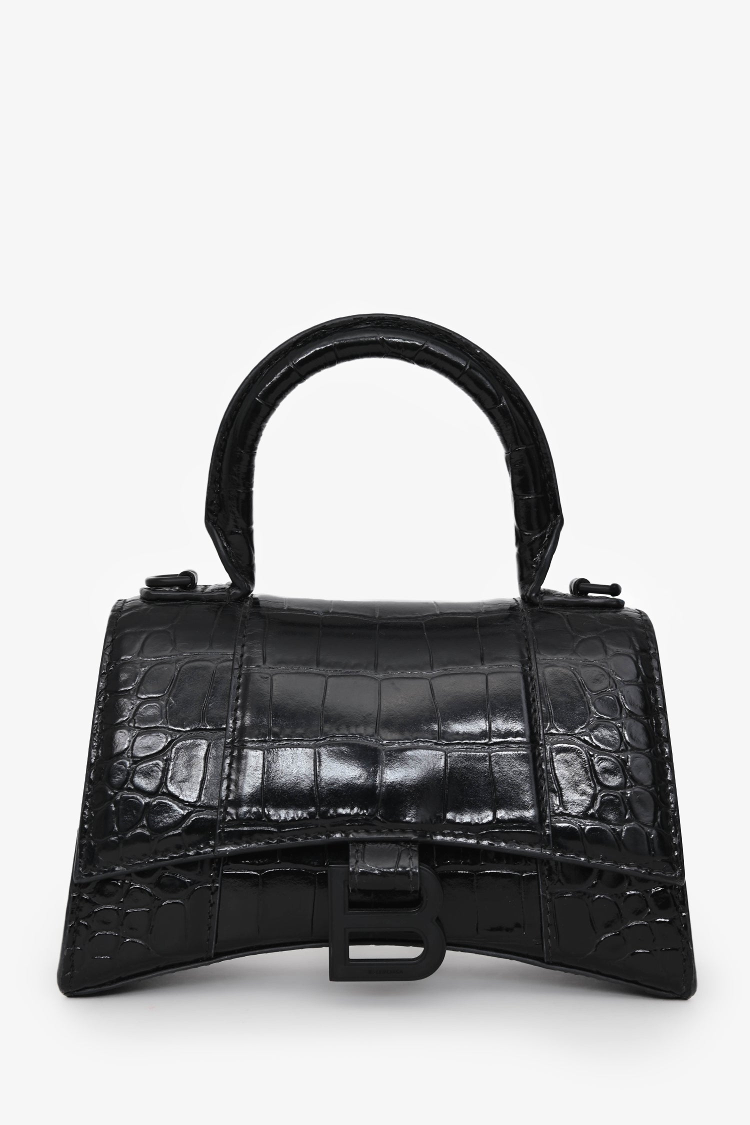 Balenciaga Black Croc Embossed XS Hourglass Top Handle Bag With Strap