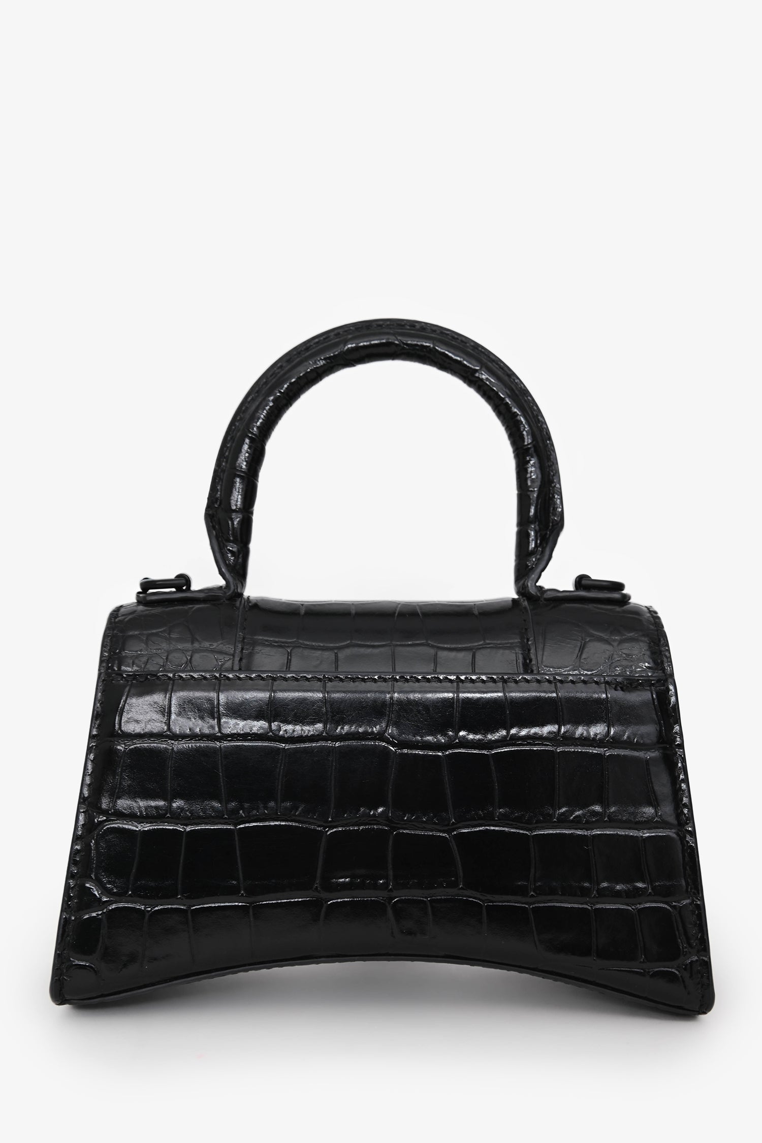 Balenciaga Black Croc Embossed XS Hourglass Top Handle Bag With Strap