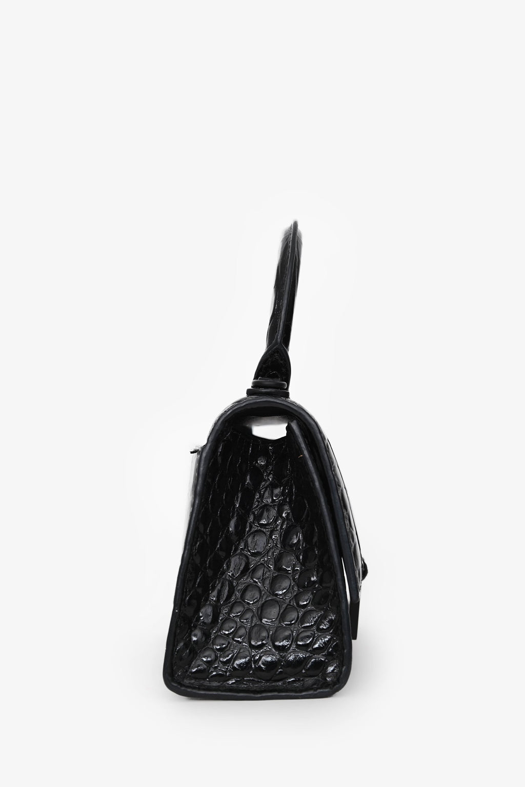 Balenciaga Black Croc Embossed XS Hourglass Top Handle Bag With Strap