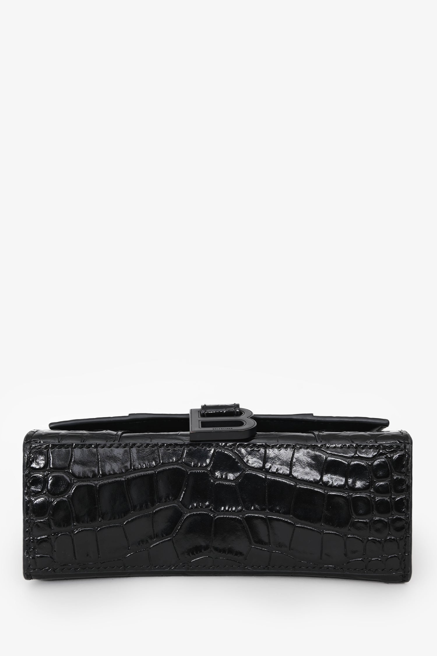 Balenciaga Black Croc Embossed XS Hourglass Top Handle Bag With Strap