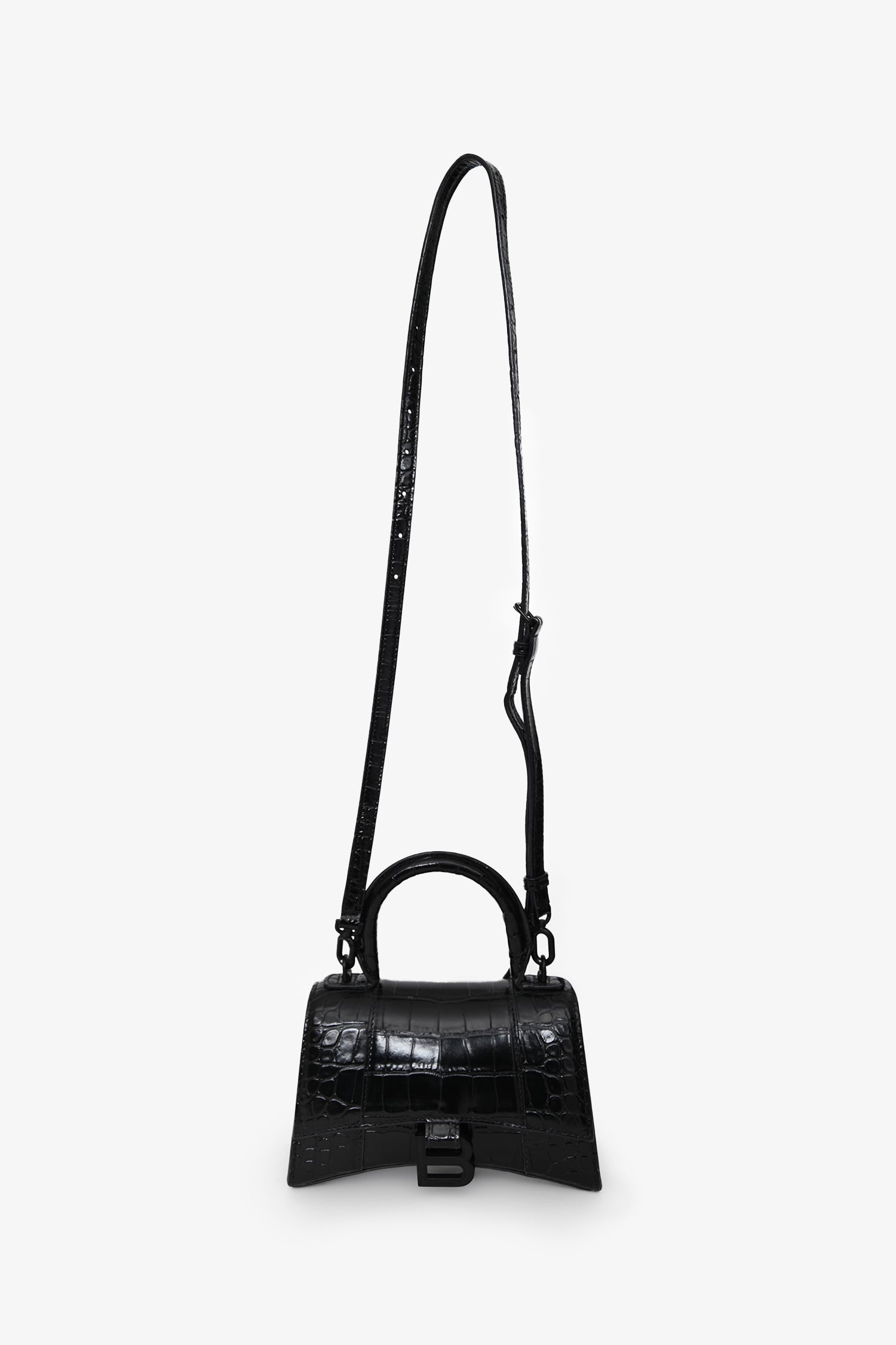 Balenciaga Black Croc Embossed XS Hourglass Top Handle Bag With Strap