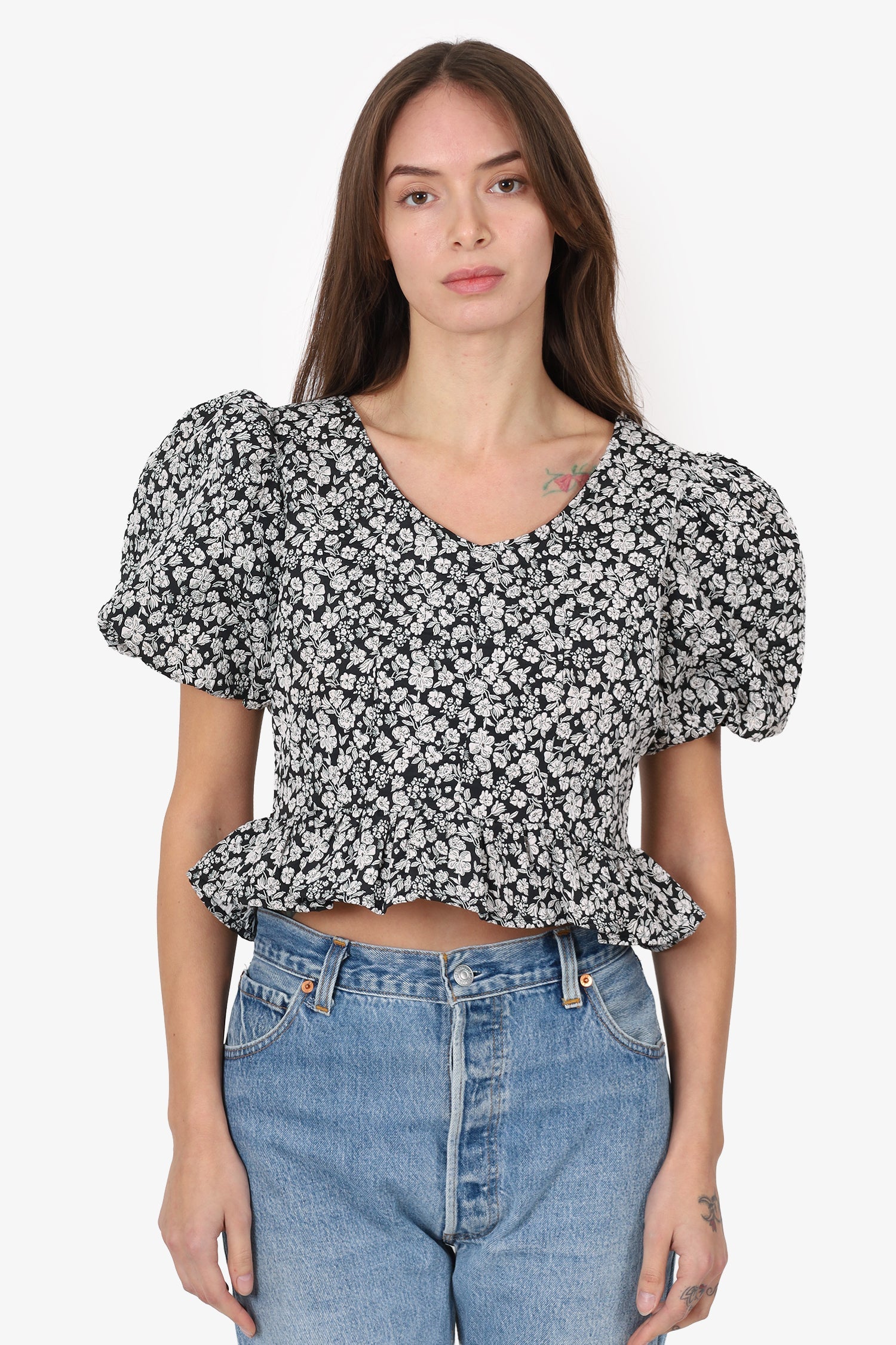 Sister Jane Black/White Floral Print Puff Sleeve Top Size M