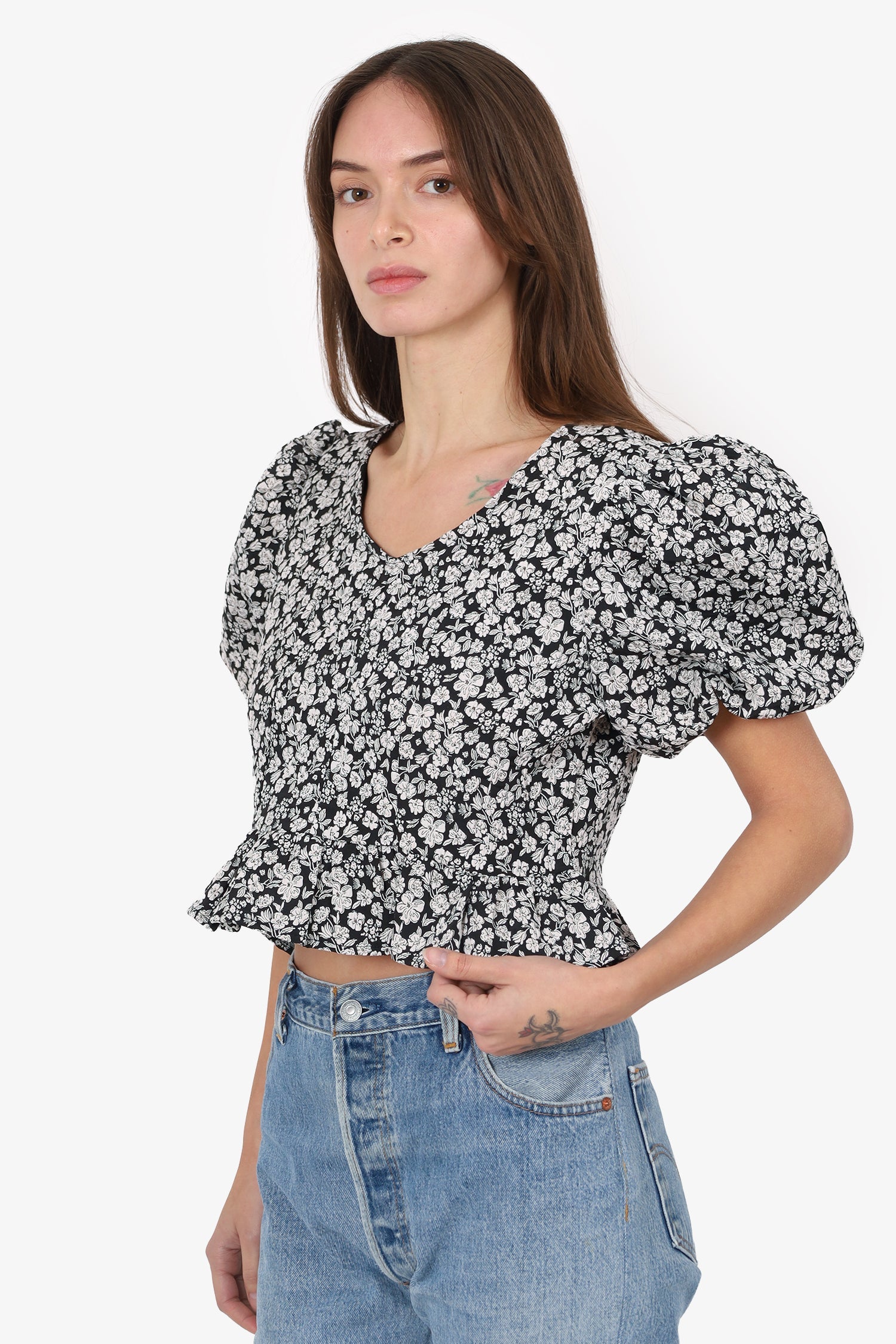 Sister Jane Black/White Floral Print Puff Sleeve Top Size M