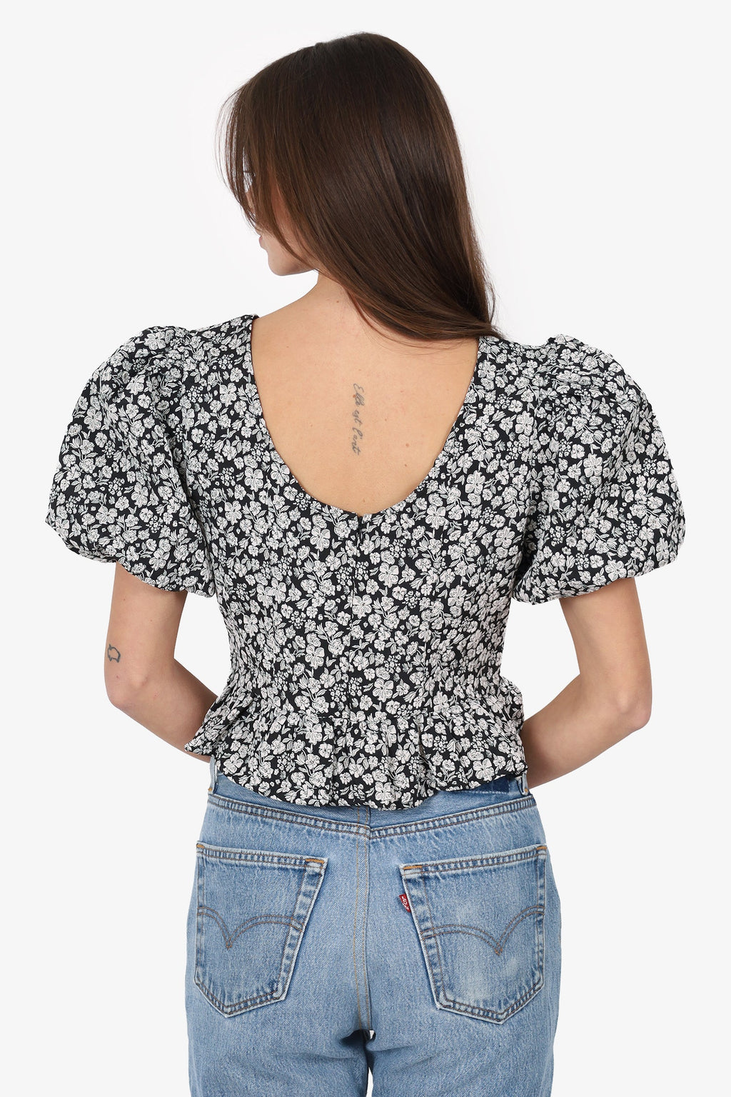 Sister Jane Black/White Floral Print Puff Sleeve Top Size M