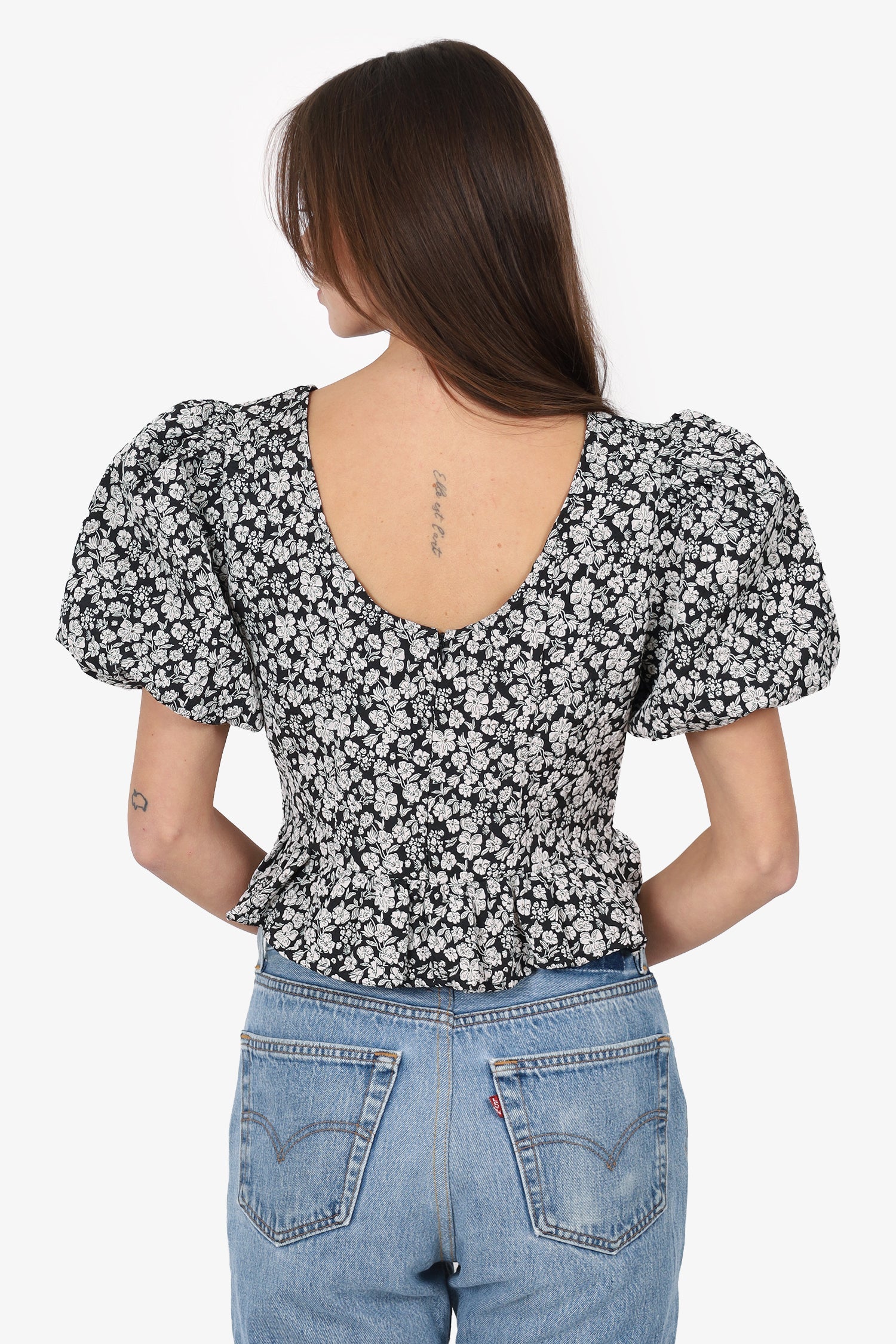 Sister Jane Black/White Floral Print Puff Sleeve Top Size M