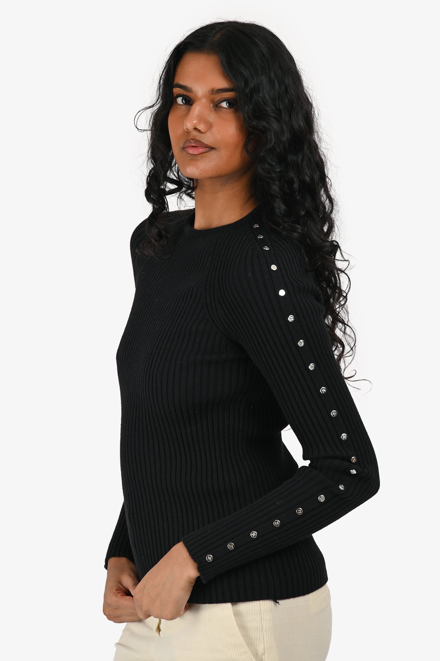 Celine Black Knit Ribbed Logo Mock Neck Top Size M