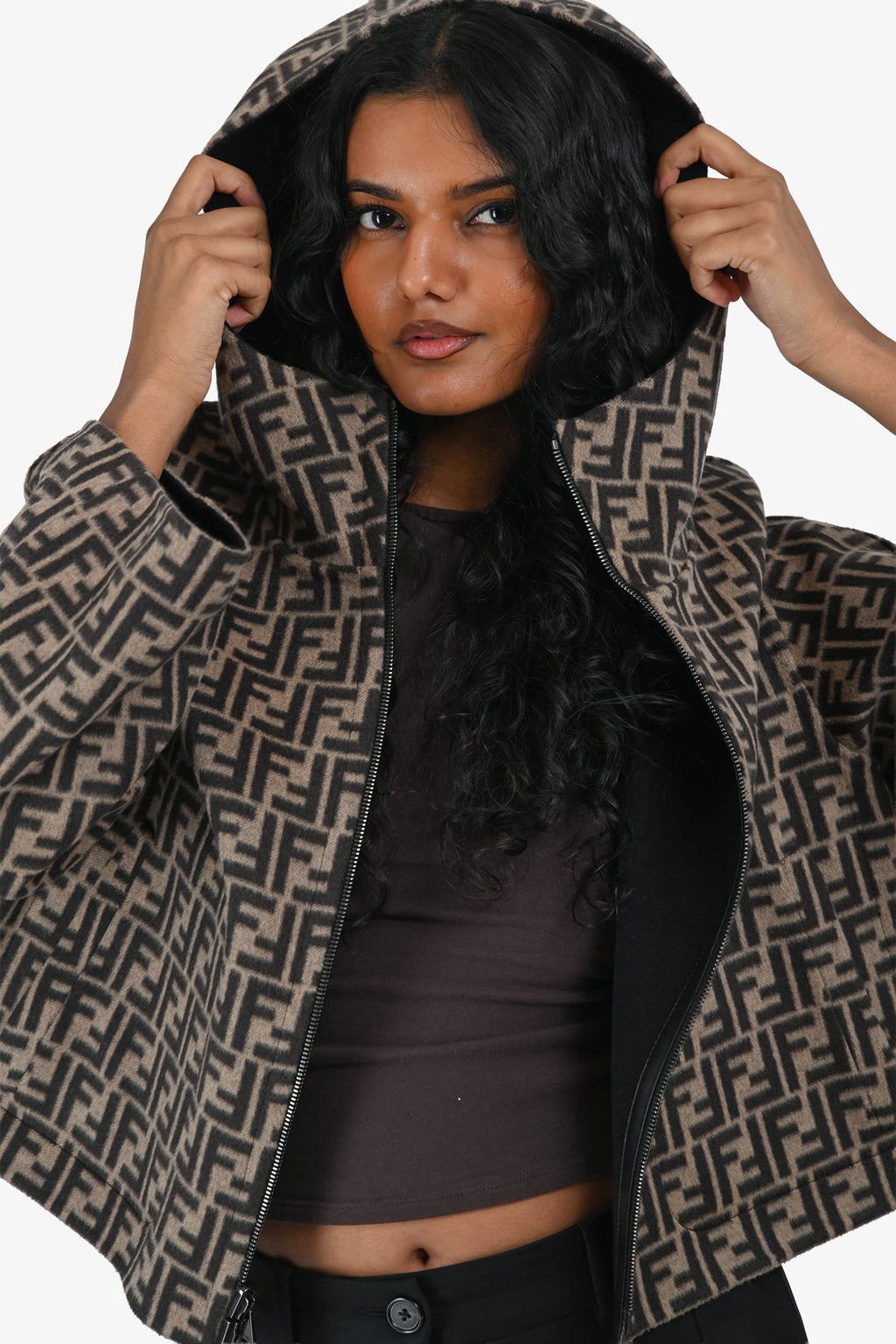 Fendi 2025 Brown Zucca/Black Wool Reversible Hooded Jacket with Leather Pockets Size 44 IT