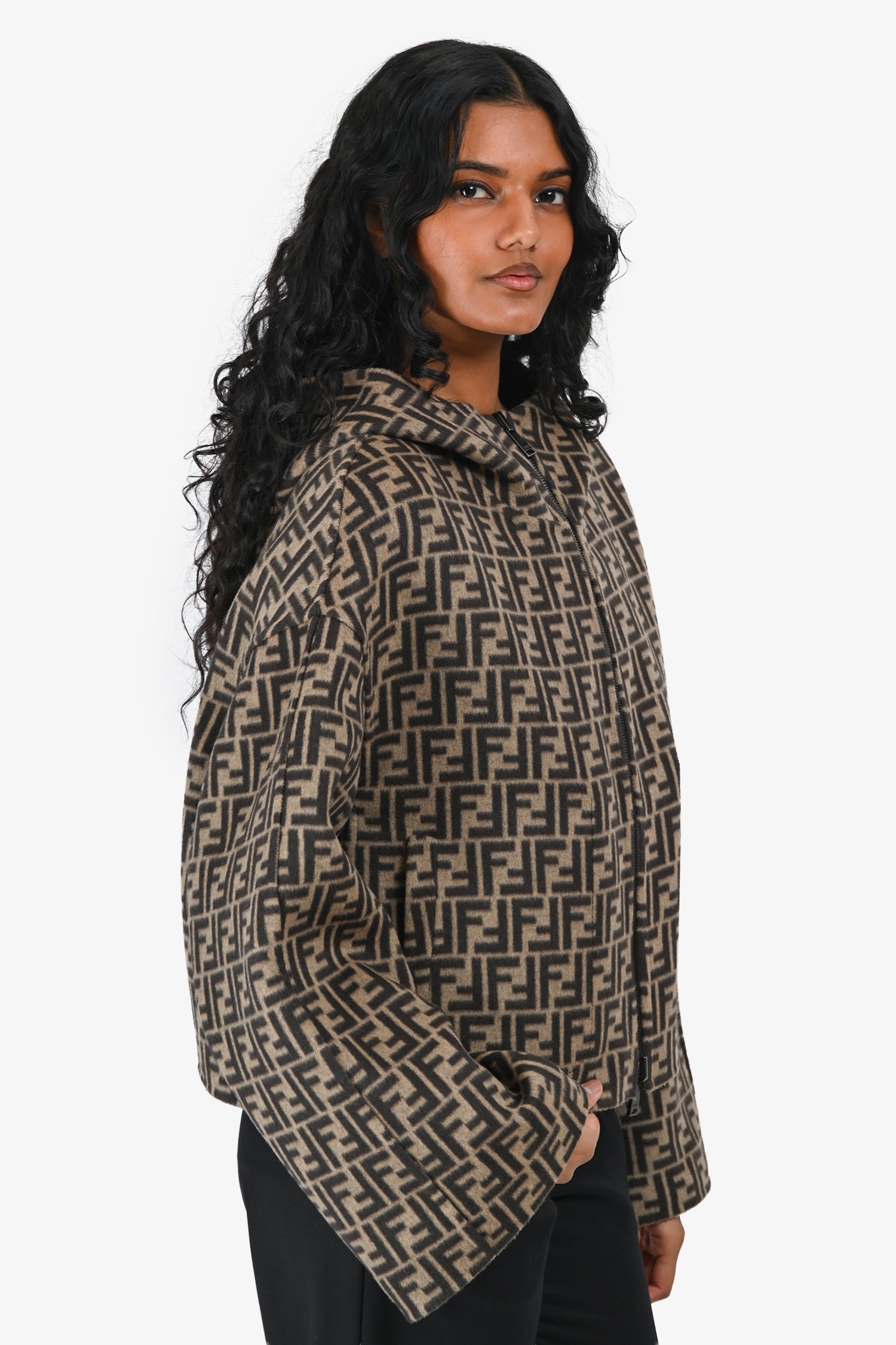 Fendi 2025 Brown Zucca/Black Wool Reversible Hooded Jacket with Leather Pockets Size 44 IT
