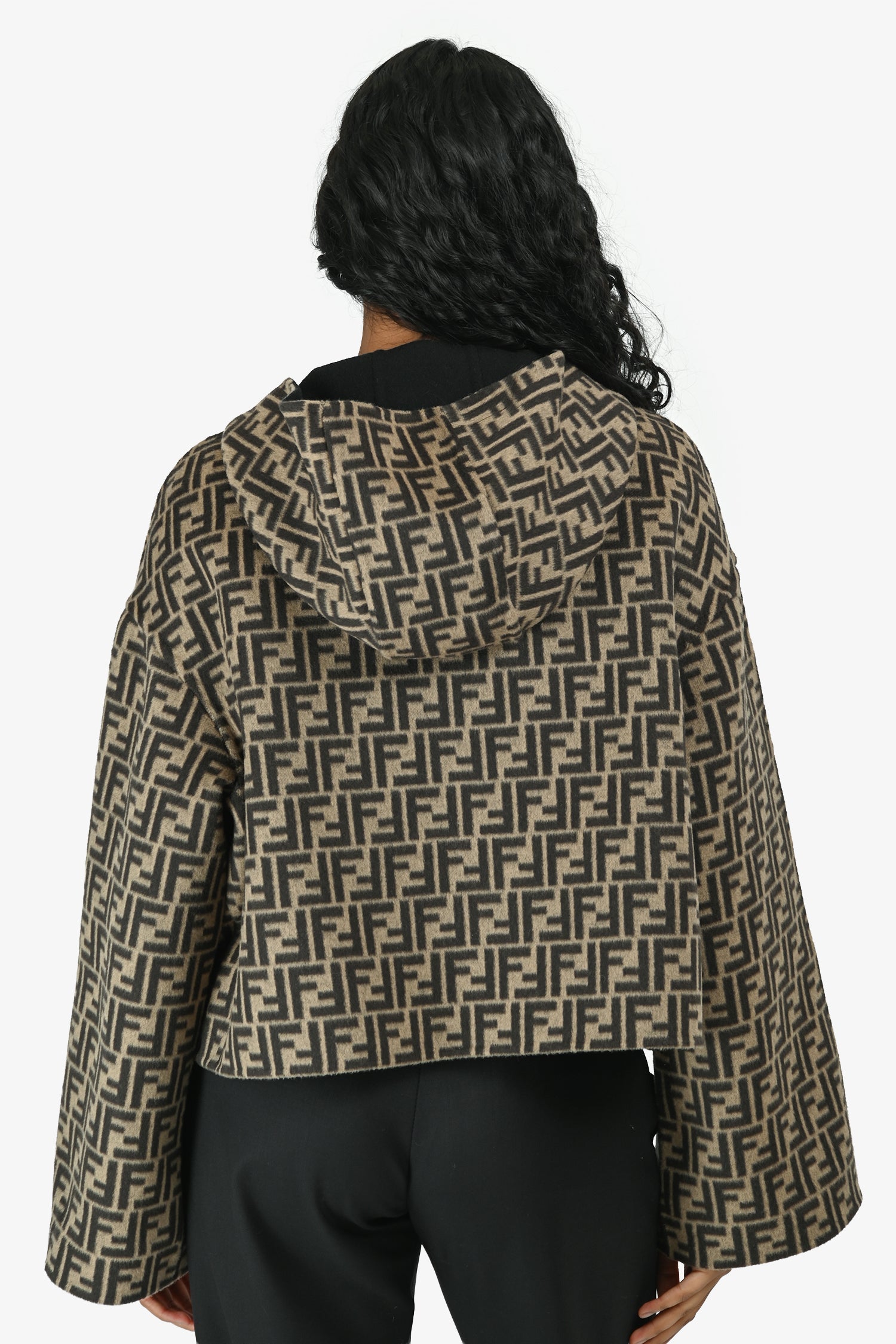 Fendi 2025 Brown Zucca/Black Wool Reversible Hooded Jacket with Leather Pockets Size 44 IT
