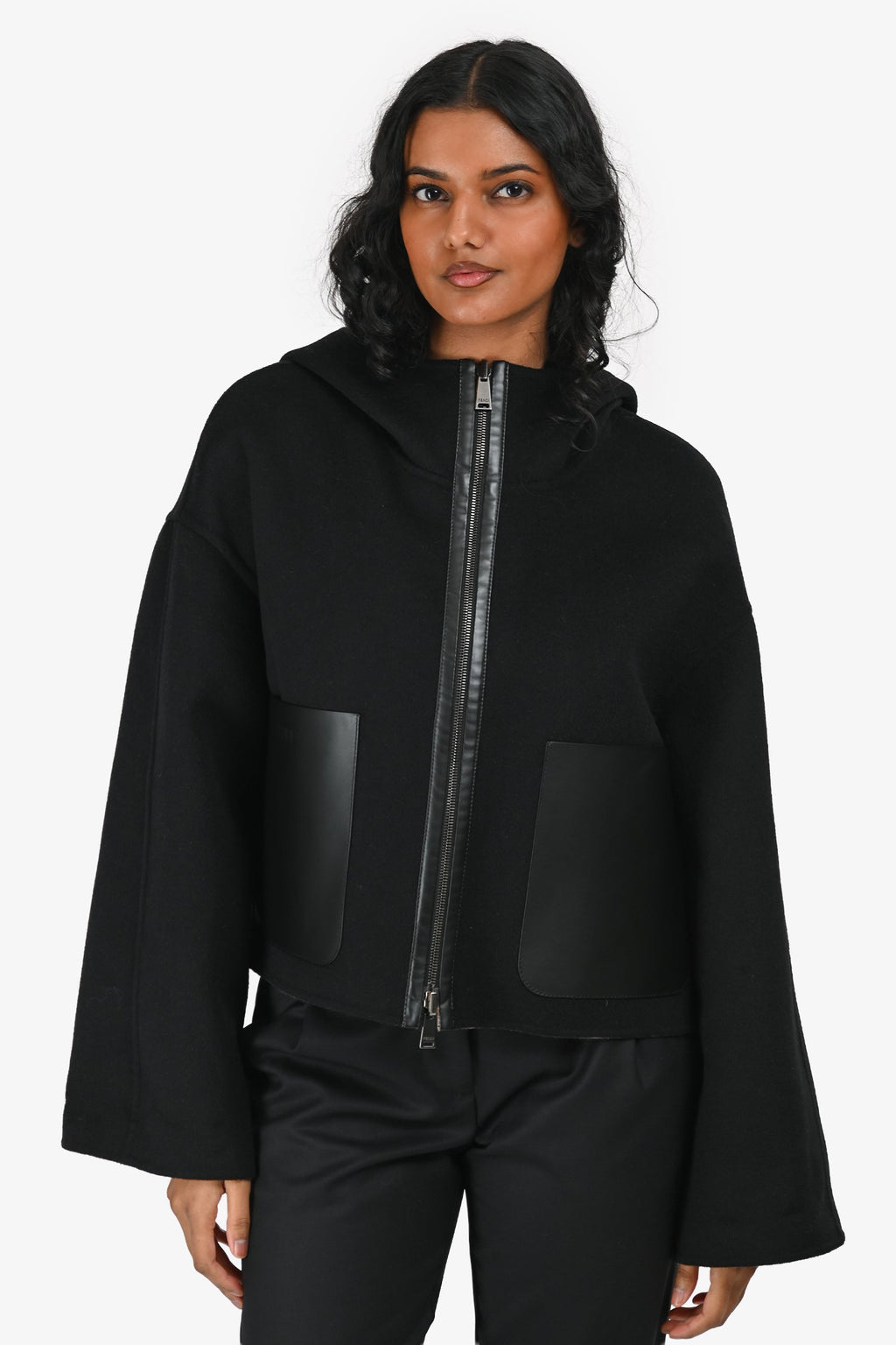 Fendi 2025 Brown Zucca/Black Wool Reversible Hooded Jacket with Leather Pockets Size 44 IT