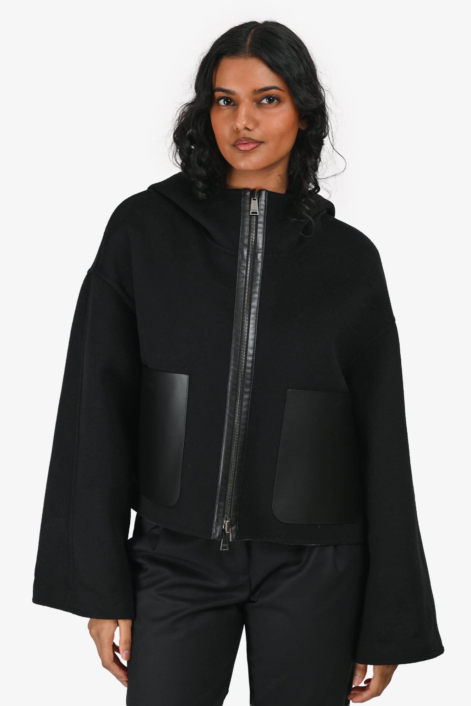 Fendi 2025 Brown Zucca/Black Wool Reversible Hooded Jacket with Leather Pockets Size 44 IT
