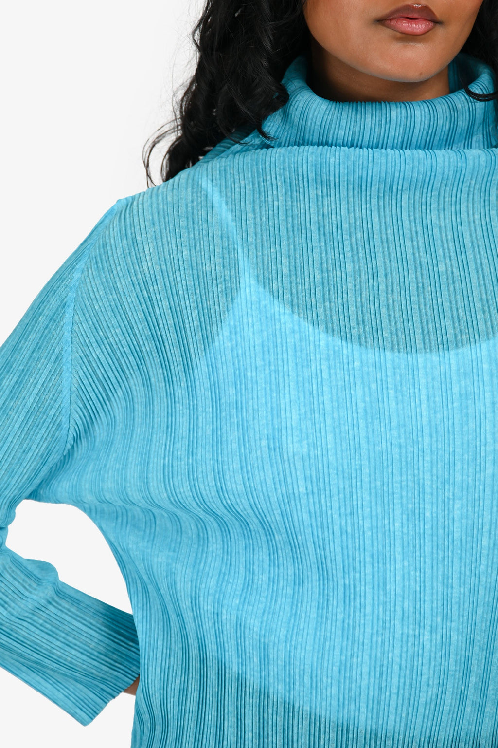 Pleats Please Issey Miyake Blue Pleated Turtle Neck Long Sleeve Top Size 5