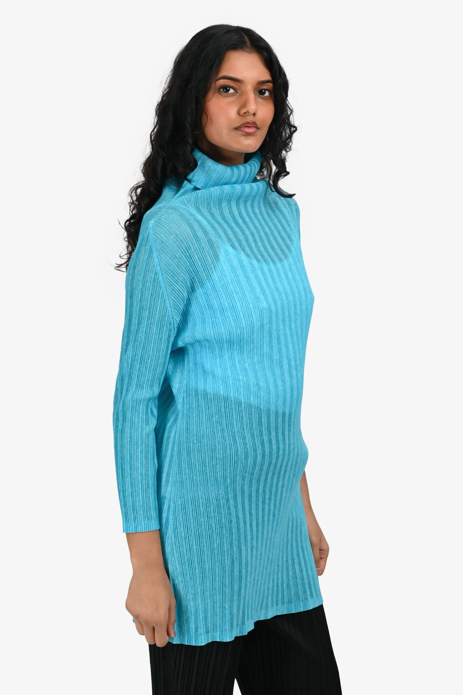 Pleats Please Issey Miyake Blue Pleated Turtle Neck Long Sleeve Top Size 5
