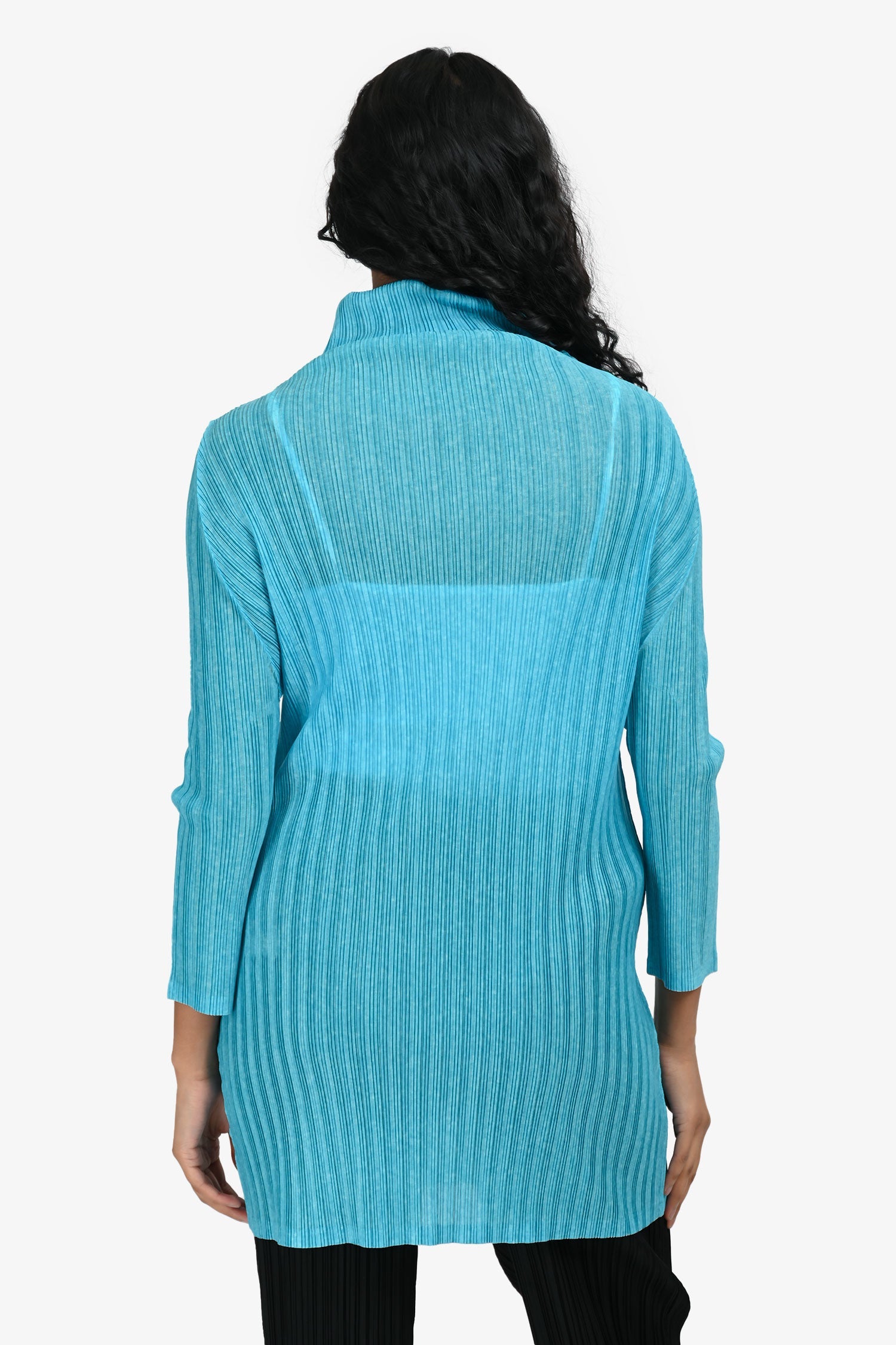 Pleats Please Issey Miyake Blue Pleated Turtle Neck Long Sleeve Top Size 5