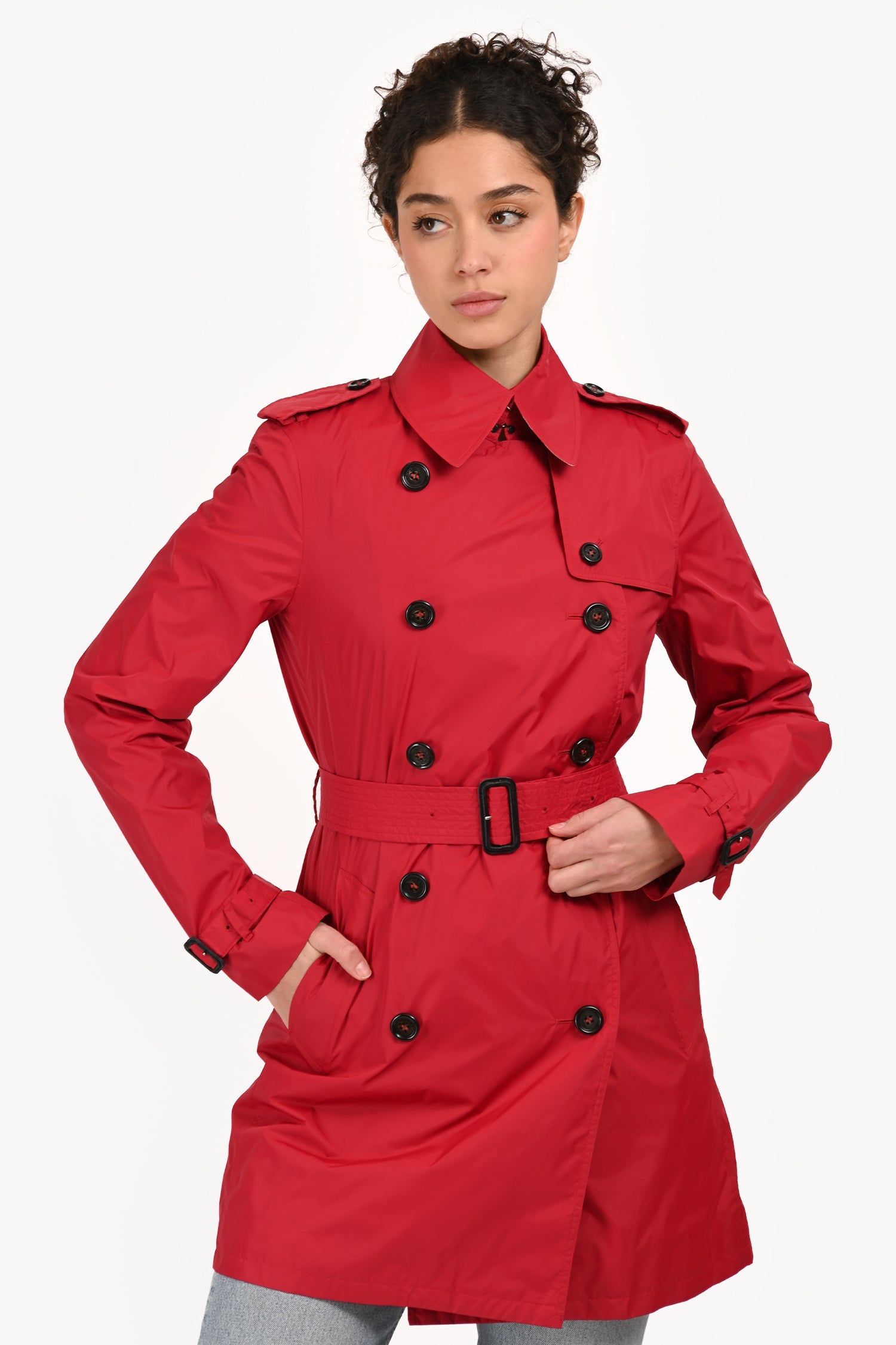 Burberry London Red Nylon Double Breasted Trench Coat With Belt Size 4