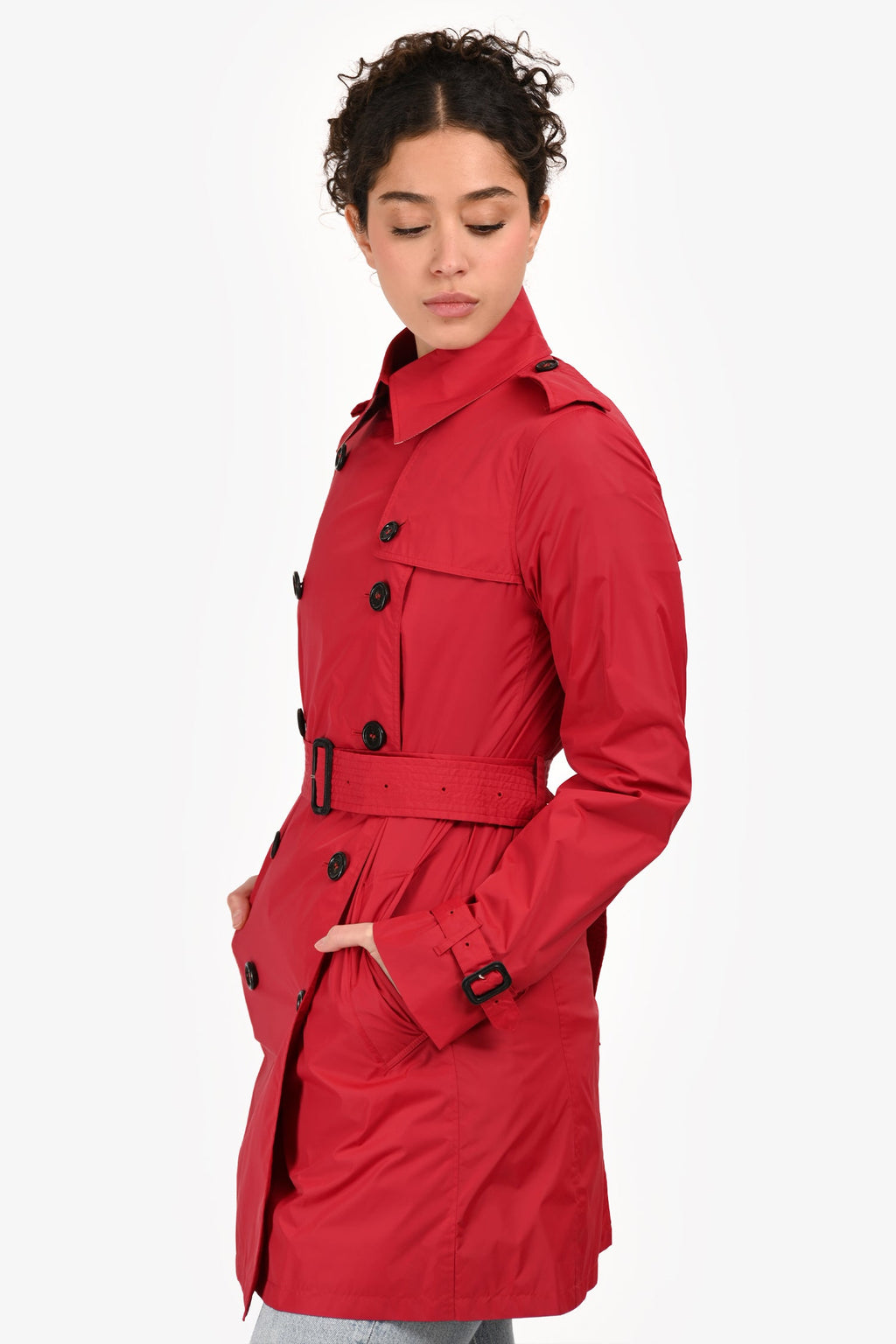 Burberry London Red Nylon Double Breasted Trench Coat With Belt Size 4