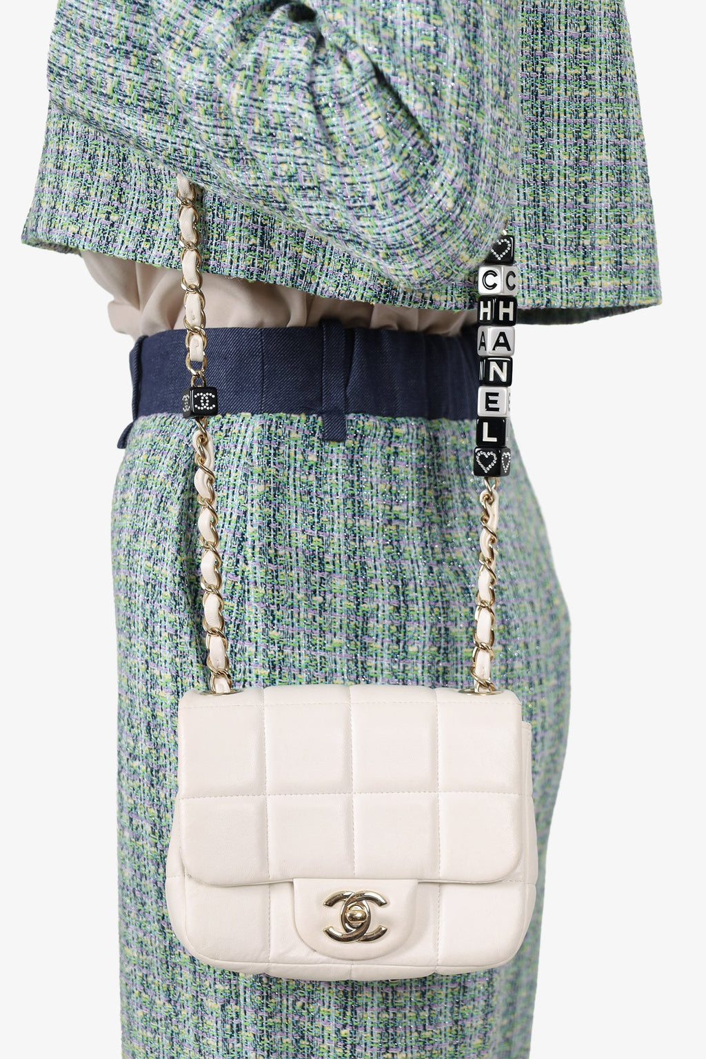 Pre-Loved Chanel™ 2023 White Quilted Lambskin Resin Crystal Monacoco Mini Square Flap Bag