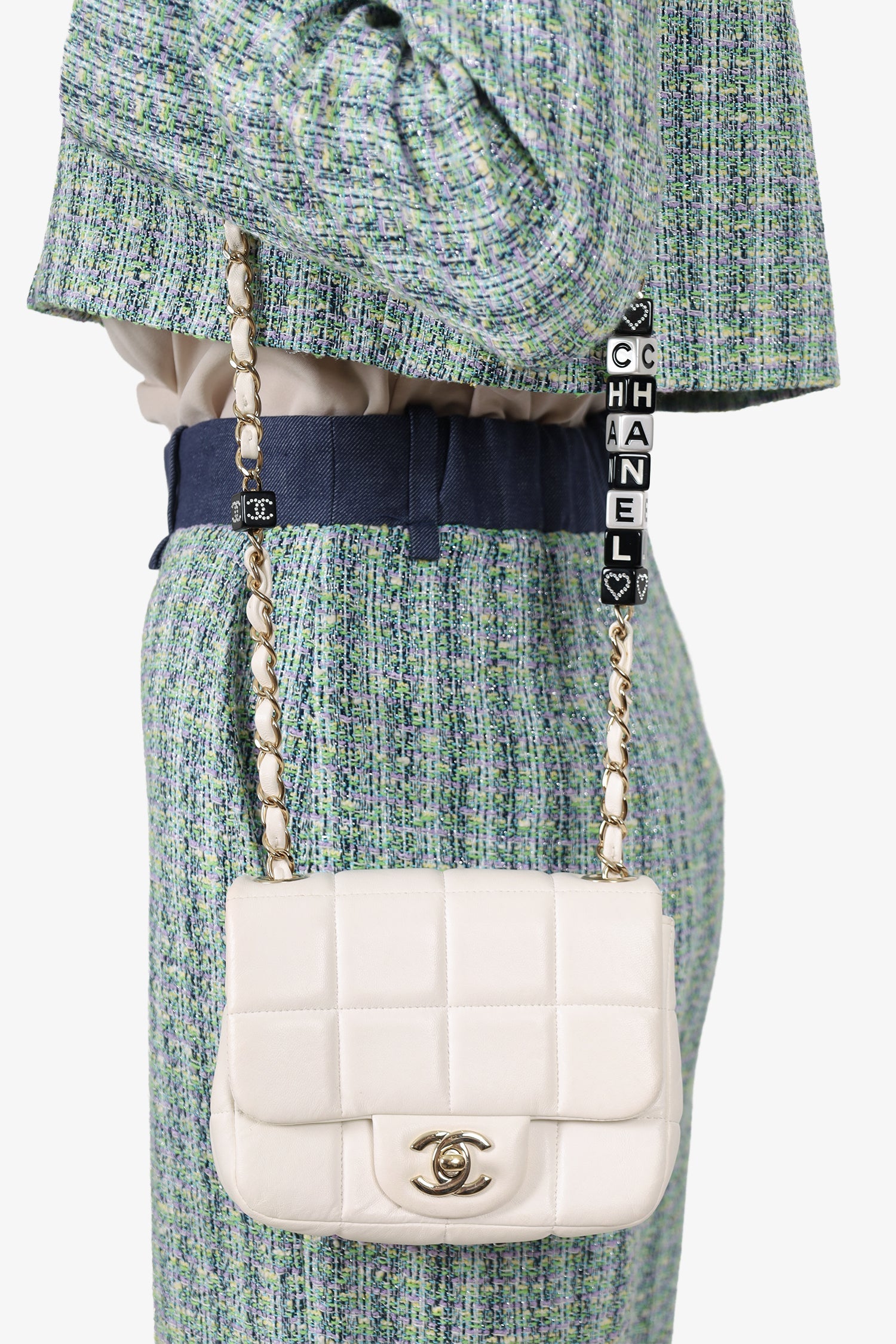 Pre-Loved Chanel™ 2023 White Quilted Lambskin Resin Crystal Monacoco Mini Square Flap Bag